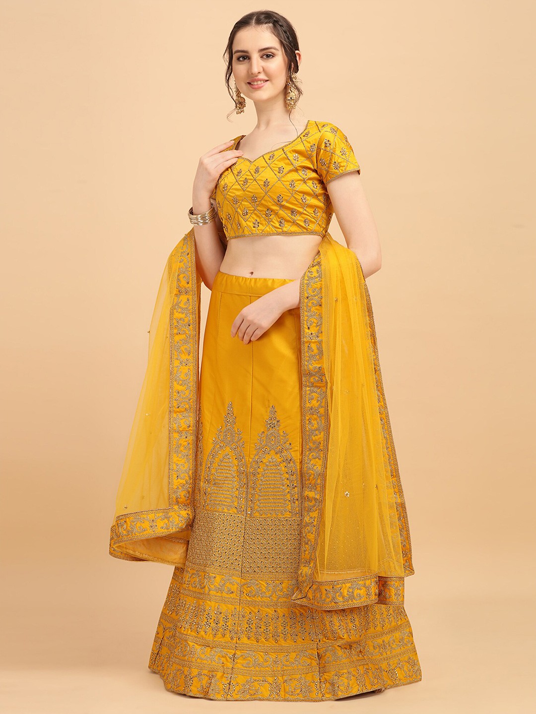 

Fab Viva Yellow & Gold-Toned Embroidered Thread Work Semi-Stitched Lehenga & Unstitched Blouse With Dupatta