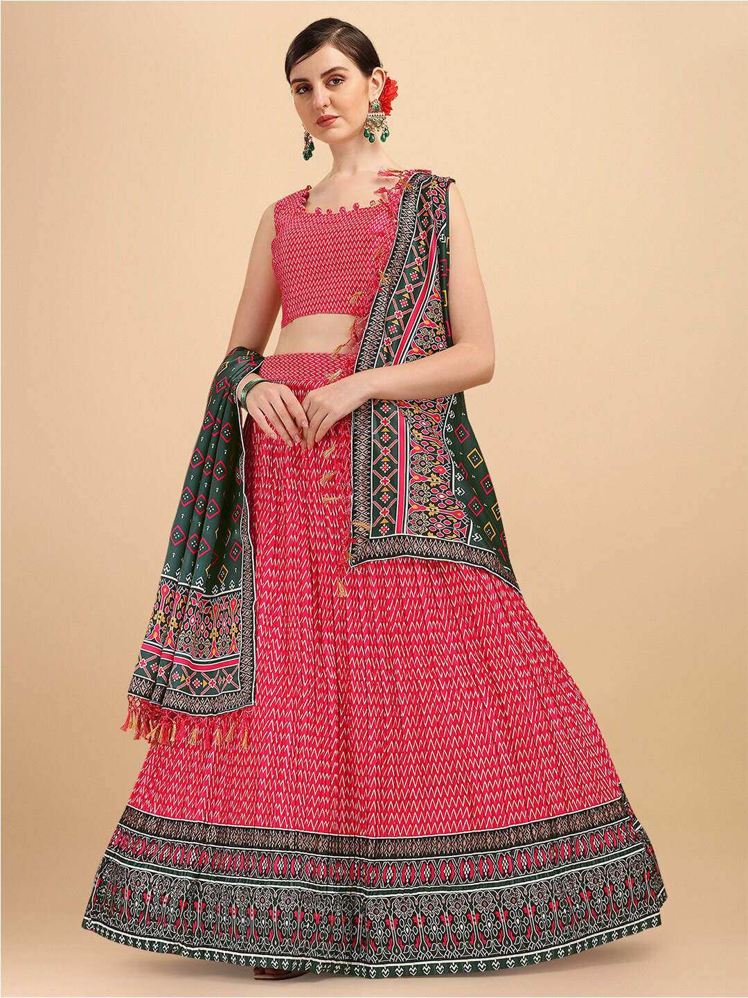 

Fab Viva Pink & Green Printed Semi-Stitched Lehenga & Unstitched Blouse With Dupatta