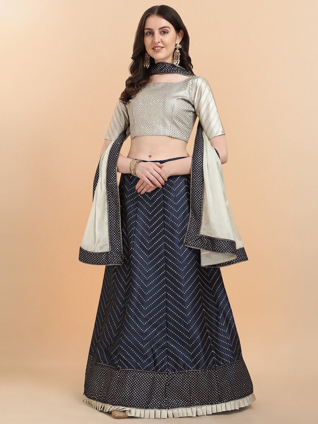 

Fab Viva Navy Blue & Silver-Toned Embellished Sequinned Semi-Stitched Lehenga & Unstitched Blouse With