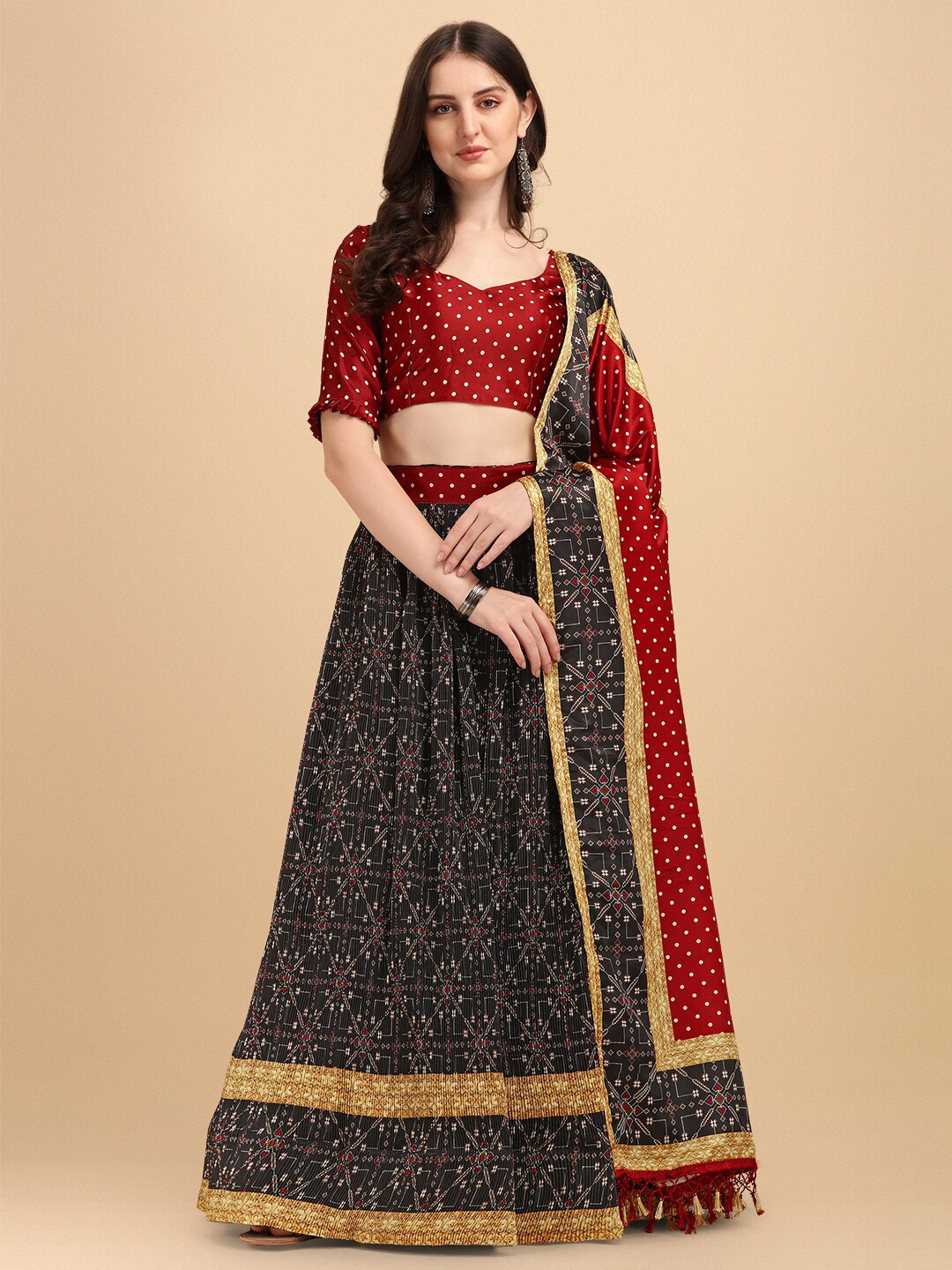 

Fab Viva Black & Red Printed Semi-Stitched Lehenga & Unstitched Blouse With Dupatta