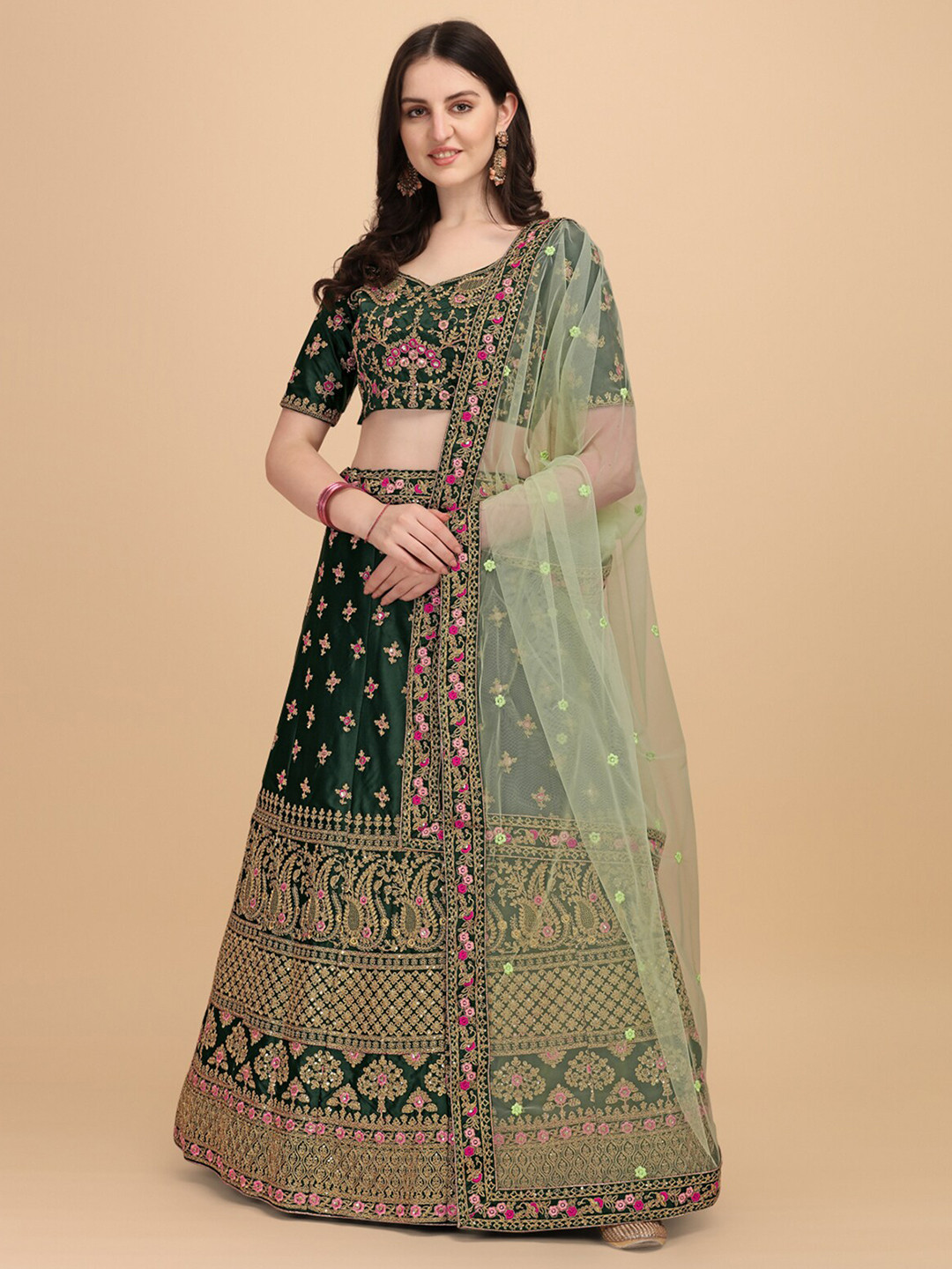 

Fab Viva Green & Gold-Toned Embroidered Thread Work Semi-Stitched Lehenga & Unstitched Blouse With Dupatta
