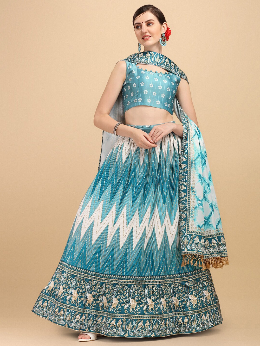 

Fab Viva Blue & White Printed Semi-Stitched Lehenga & Unstitched Blouse With Dupatta