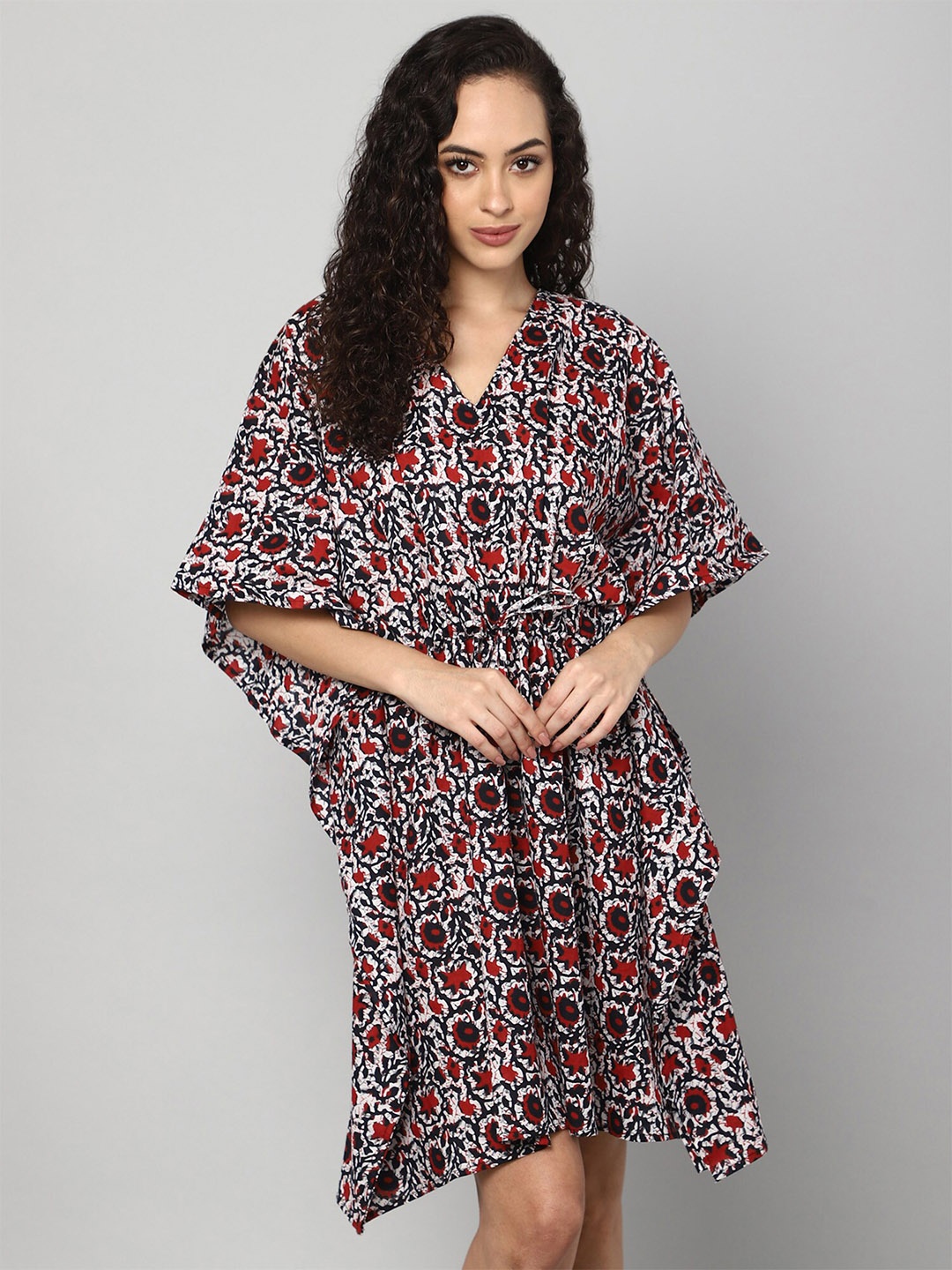 

Aditi Wasan Women White & Rust Floral Kaftan Cotton Dress