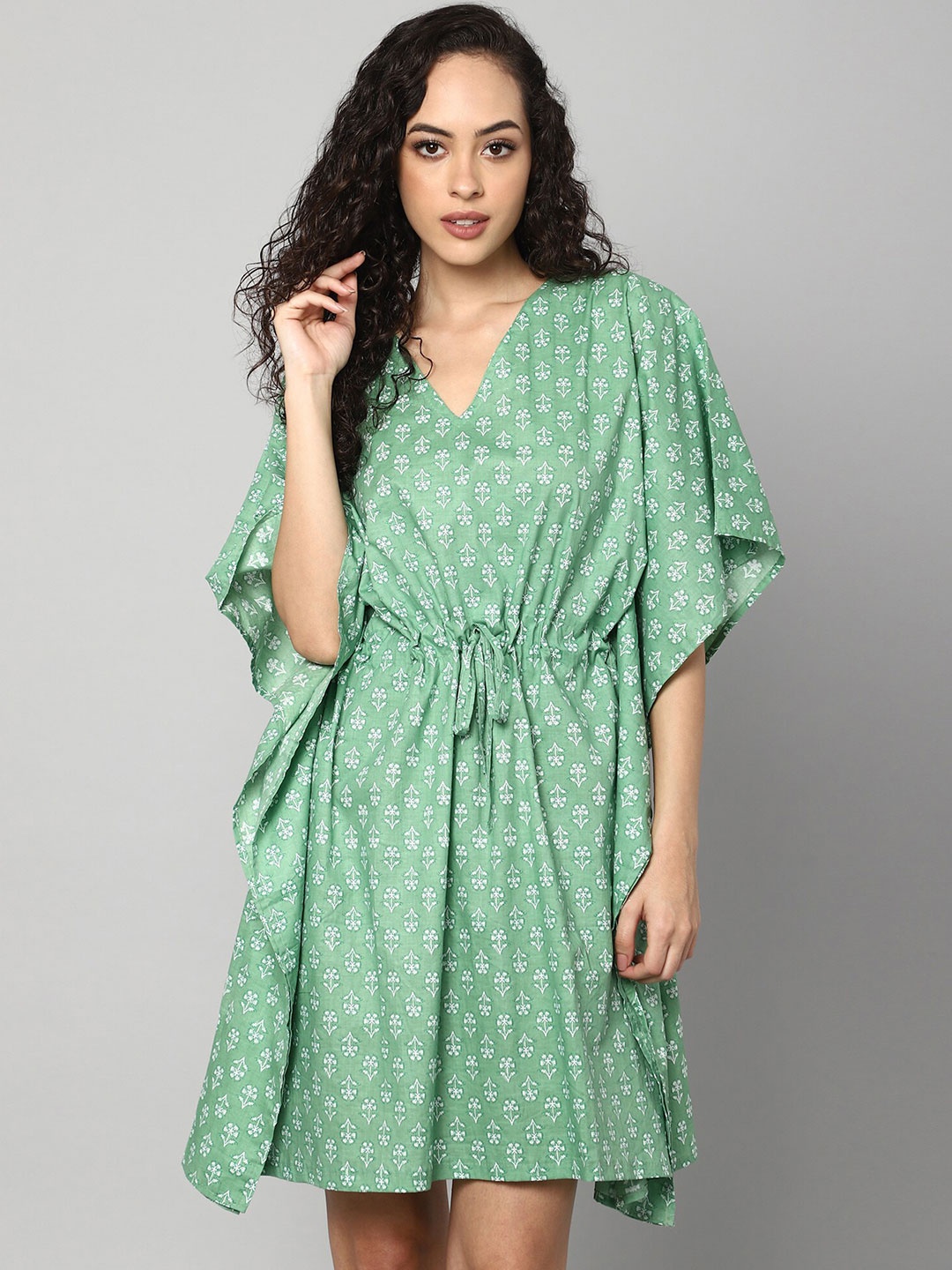 

Aditi Wasan Women Green & White Floral Kaftan Cotton Dress