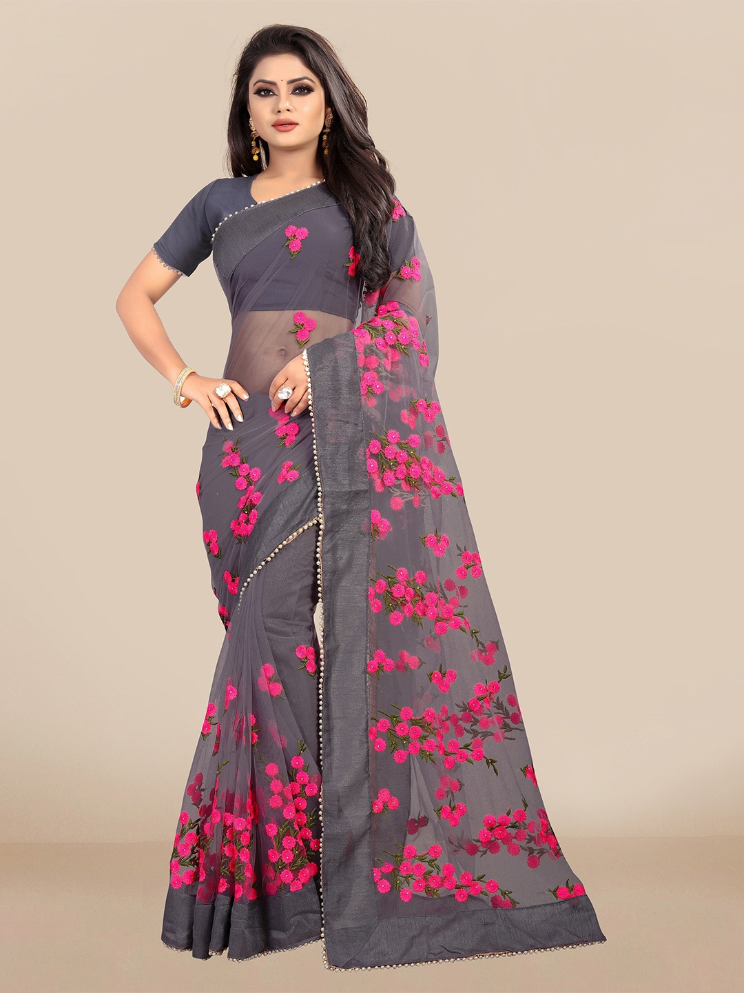 

JSItaliya Grey & Pink Floral Embroidered Net Saree
