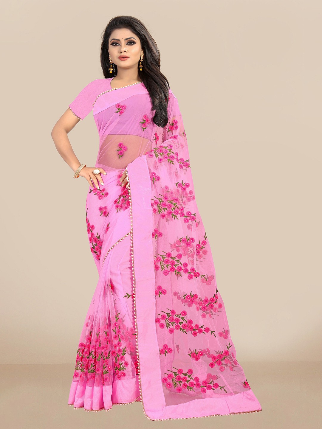 

JSItaliya Pink & Green Floral Embroidered Net Saree