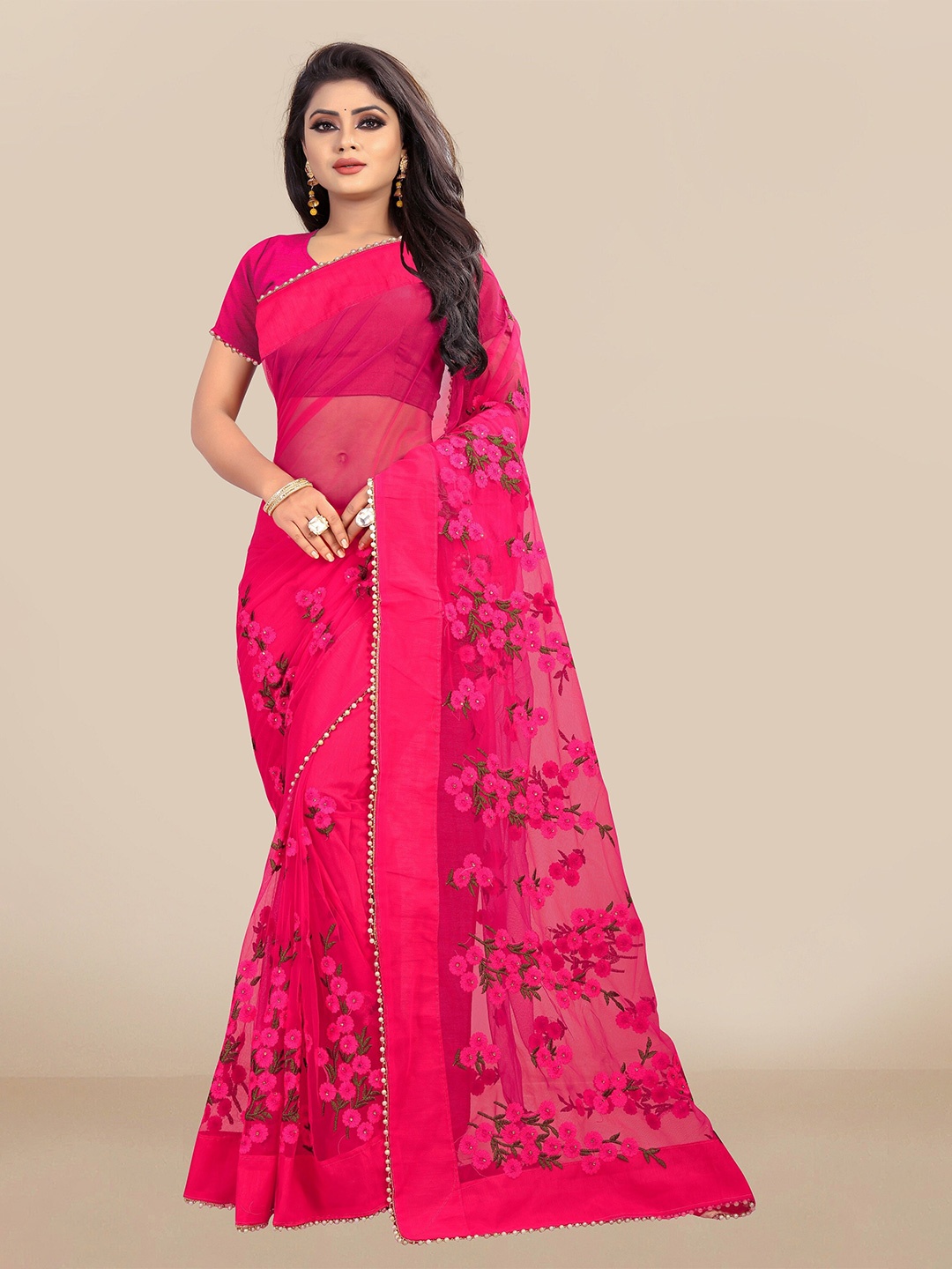 

JSItaliya Pink & Green Floral Embroidered Net Saree