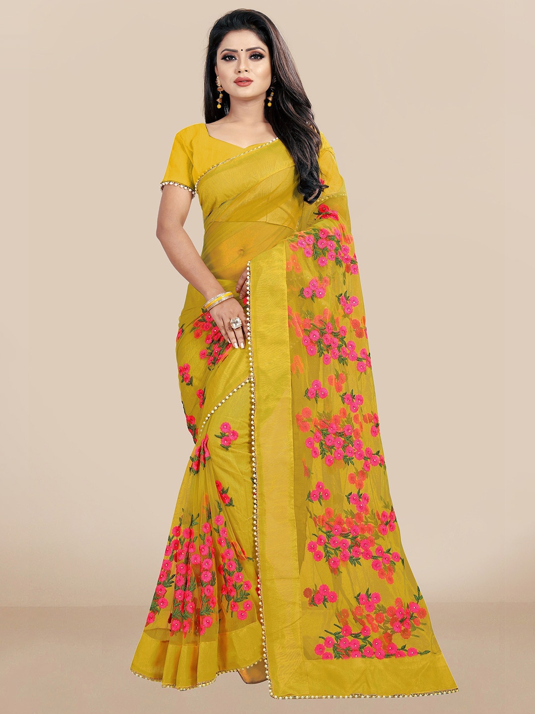 

JSItaliya Mustard & Pink Floral Embroidered Net Saree