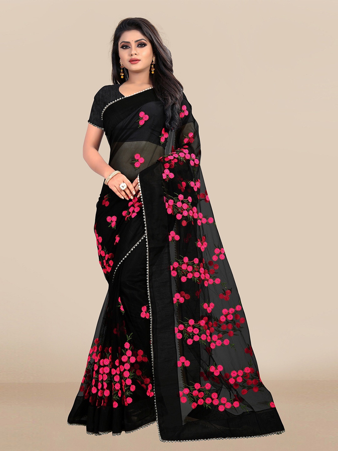 

JSItaliya Black & Pink Floral Embroidered Net Saree