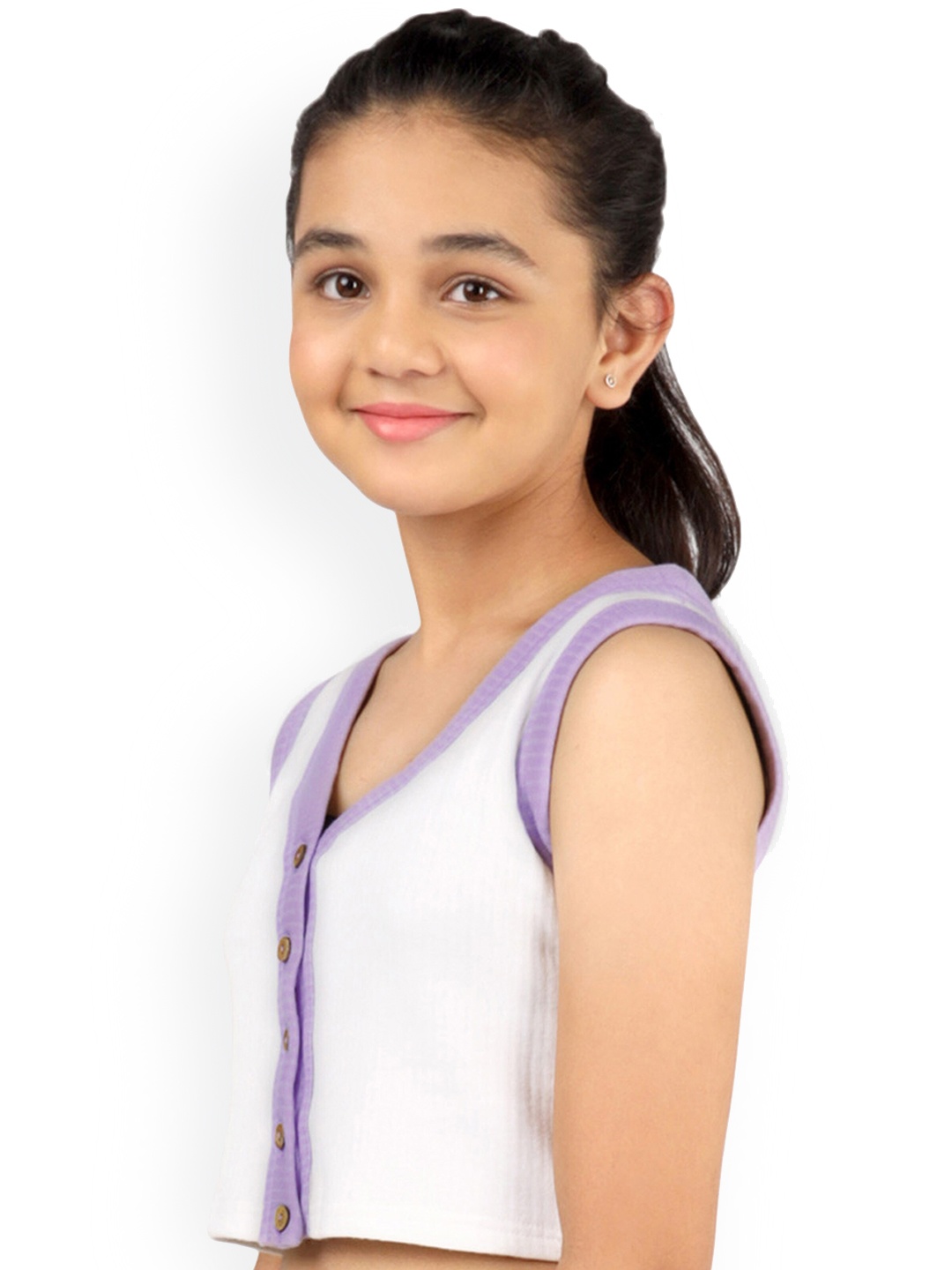 

DChica Girls White Solid Cotton Thermal Front Open Sleeveless Top