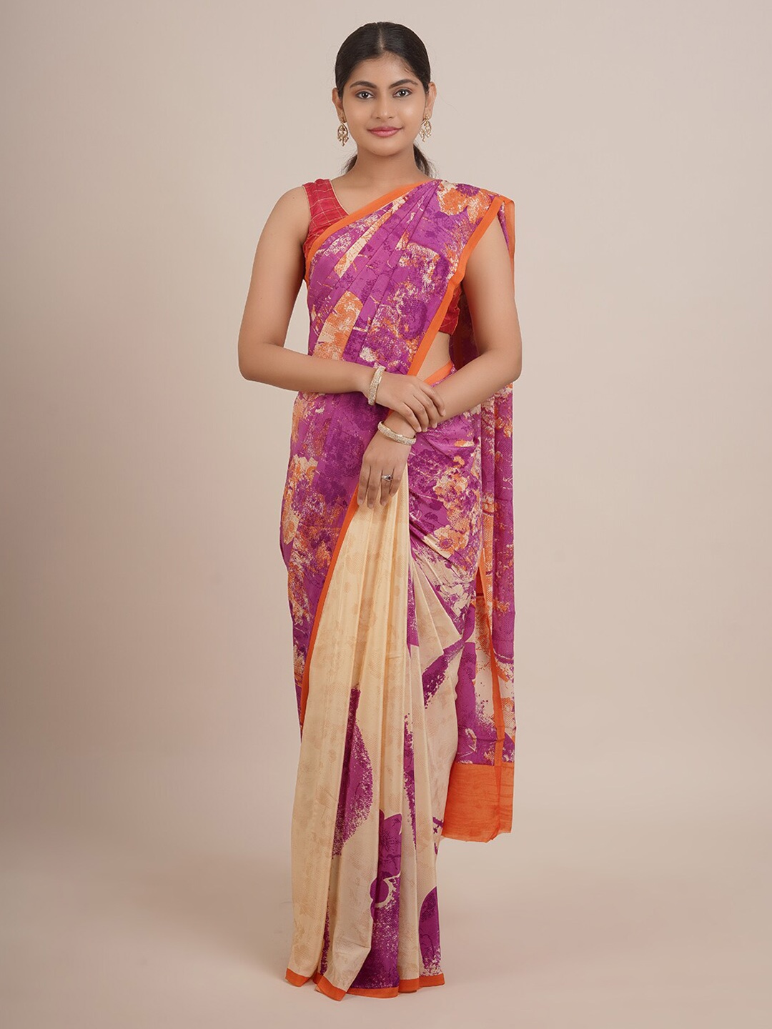 

Pothys Pink & Orange Abstract Print Pure Chiffon Saree