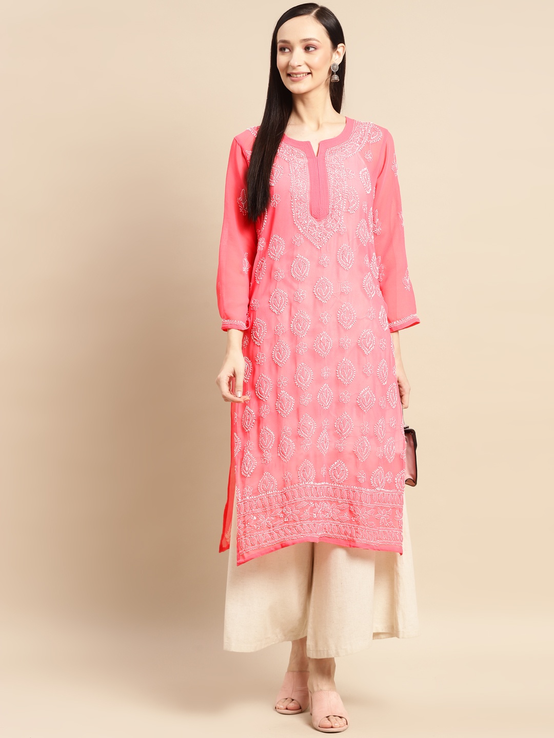 

Saadgi Women Coral & White Ethnic Motifs Embroidered Chikankari Georgette Kurta