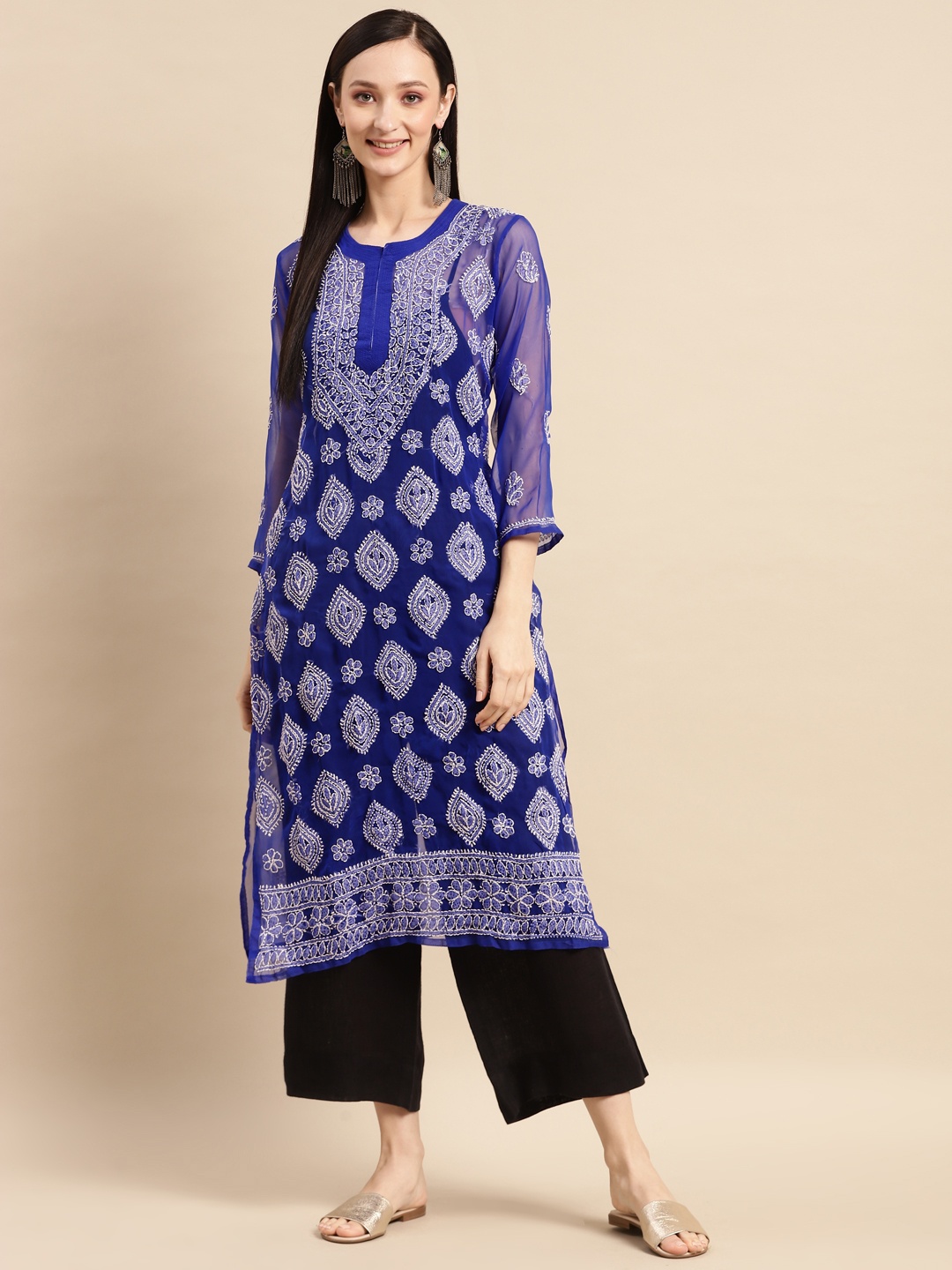 

Saadgi Women Blue & White Ethnic Motifs Embroidered Chikankari Georgette Kurta