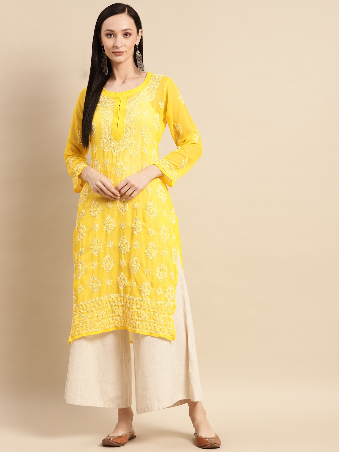 

Saadgi Women Yellow & White Ethnic Motifs Embroidered Chikankari Georgette Kurta