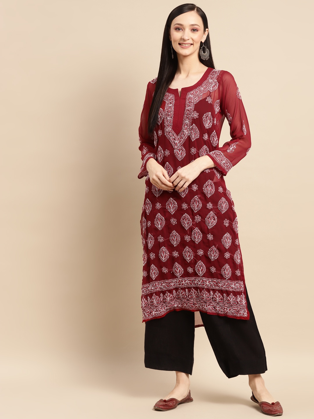 

Saadgi Women Maroon & White Ethnic Motifs Embroidered Chikankari Georgette Kurta