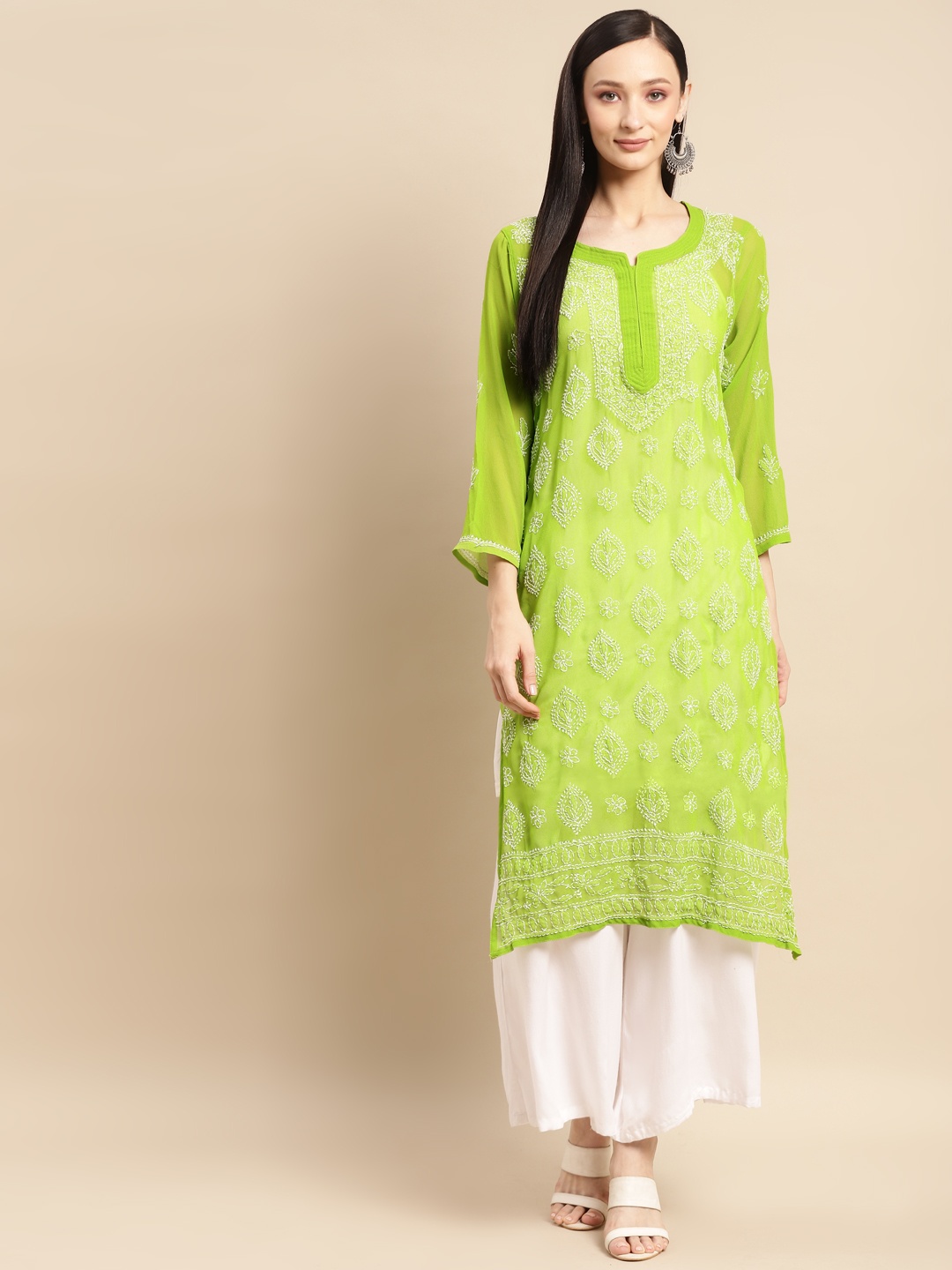 

Saadgi Women Green & White Ethnic Motifs Embroidered Chikankari Georgette Kurta