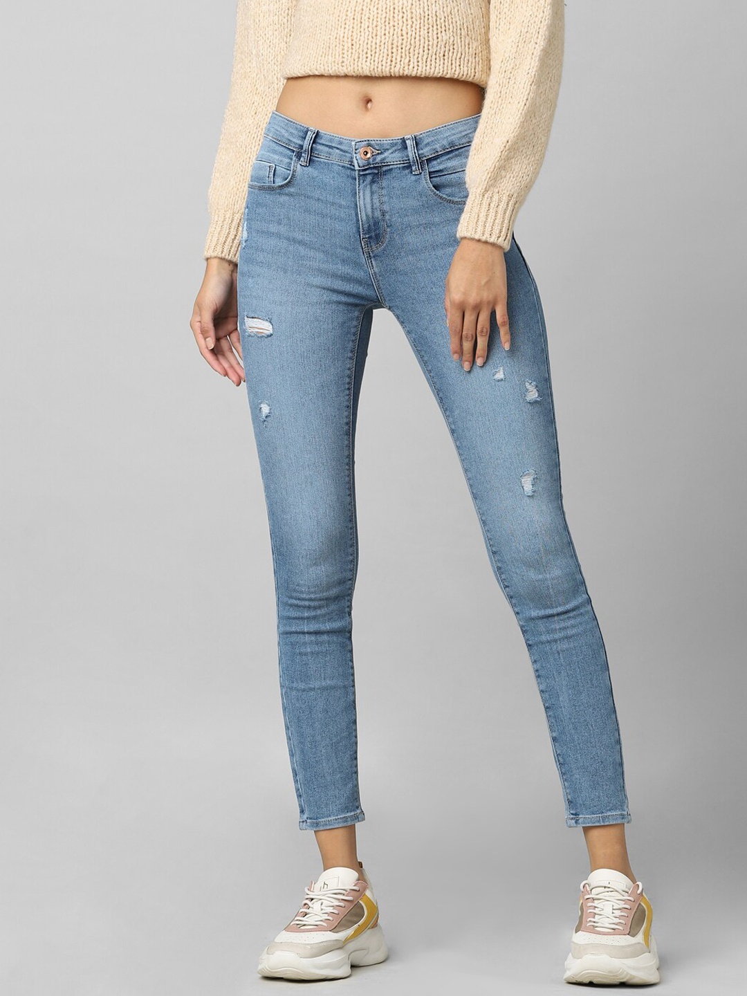 

ONLY Women Blue Skinny Fit High-Rise Low Distress Heavy Fade Jeans