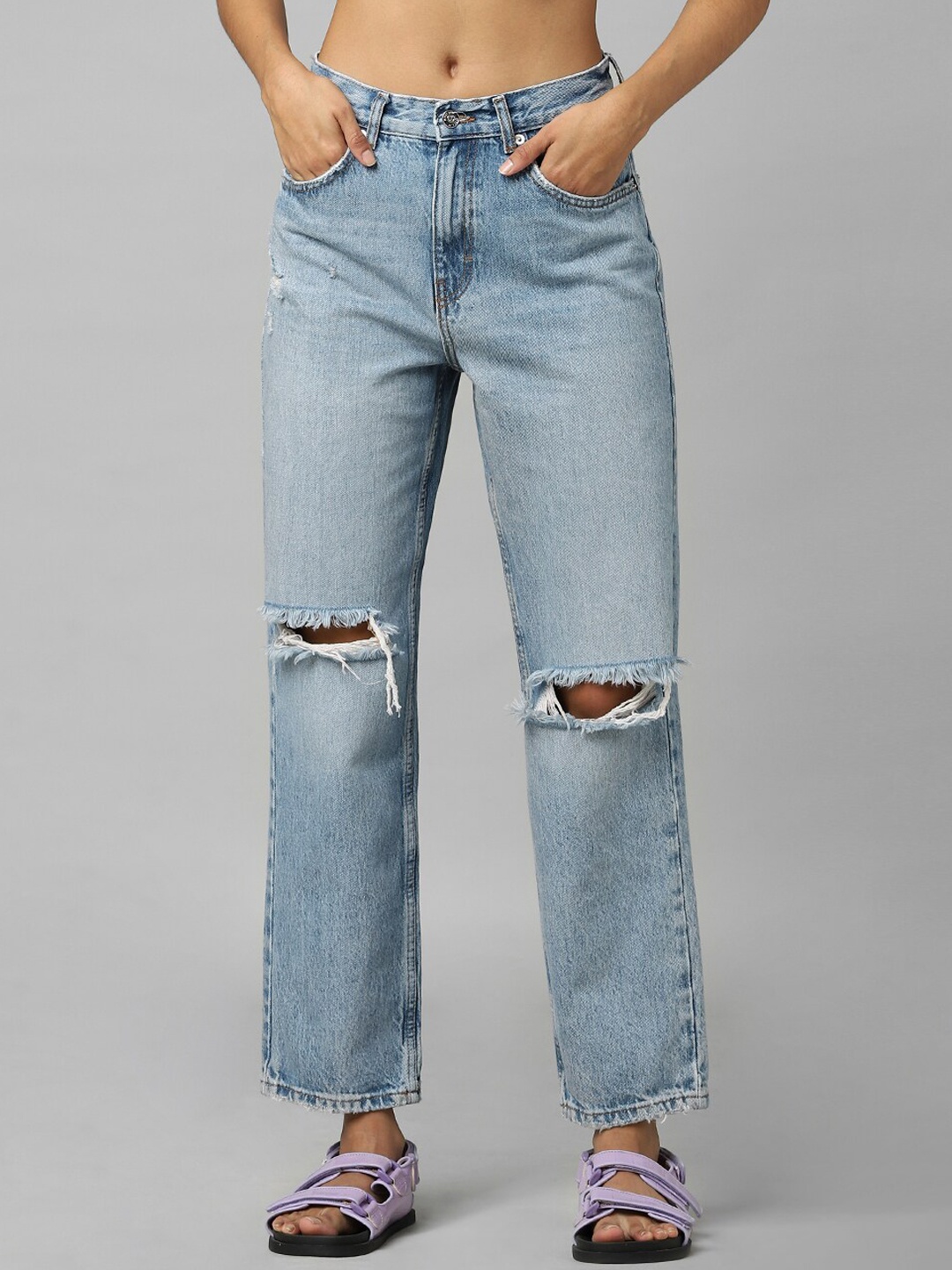 

ONLY Women Blue High-Rise Mildly Distressed Heavy Fade Jeans