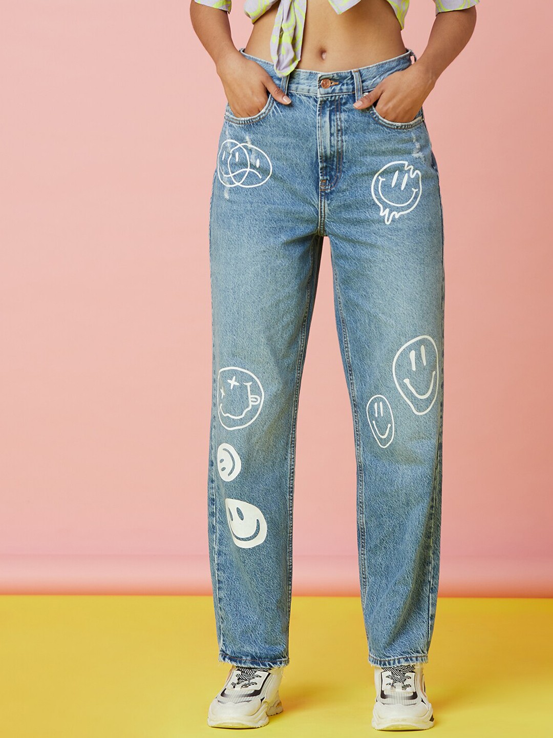 

ONLY Women Blue Straight Fit High-Rise Heavy Fade Printed Jeans