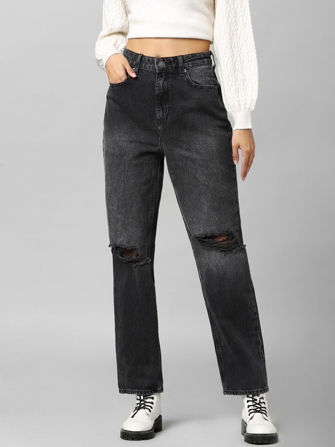 

ONLY Women Black Straight Fit High-Rise Slash Knee Jeans