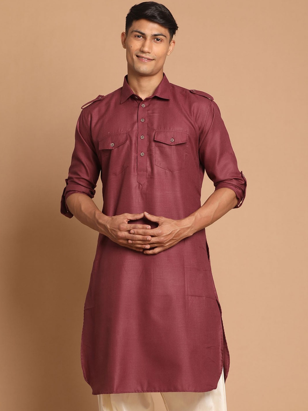 

VASTRAMAY Men Purple Pathani Curved Roll-Up Sleeves Kurta