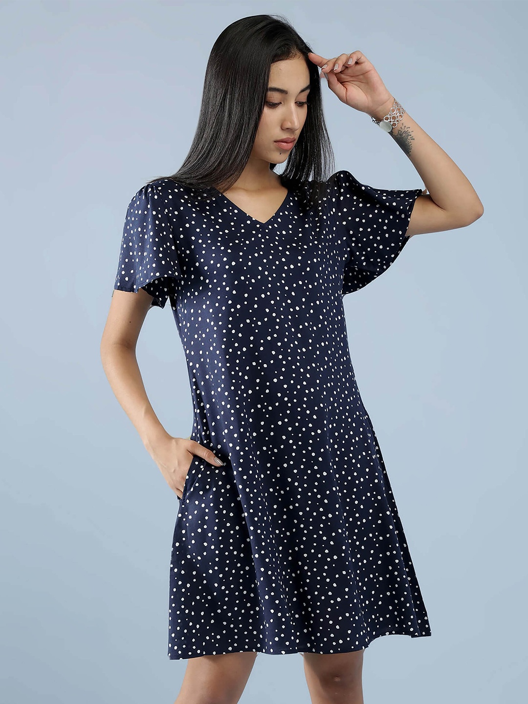 

IDK Blue Printed Above Knee Flared Sleeves A-Line Dress