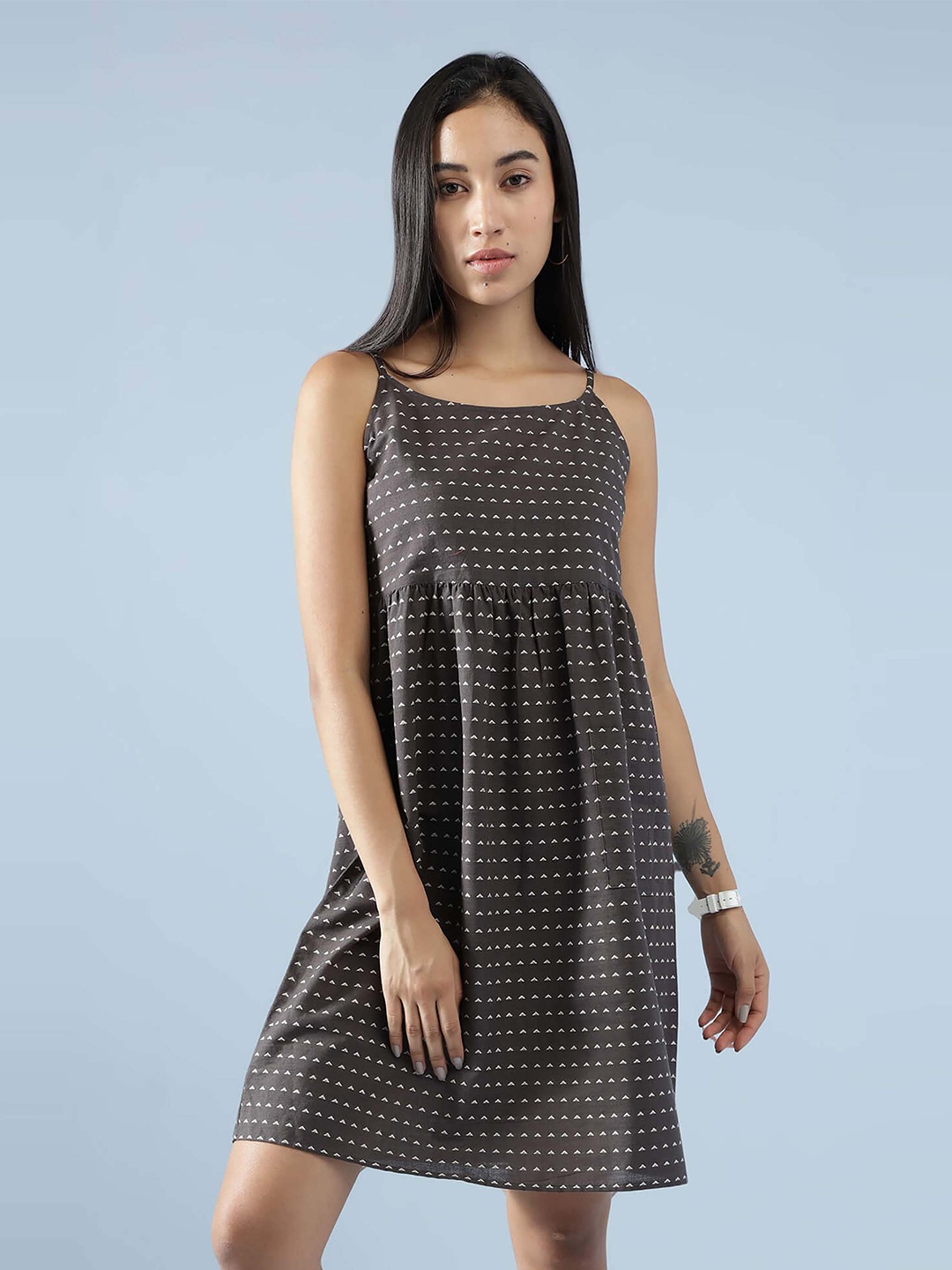 

IDK Printed Shoulder Straps Dress, Brown