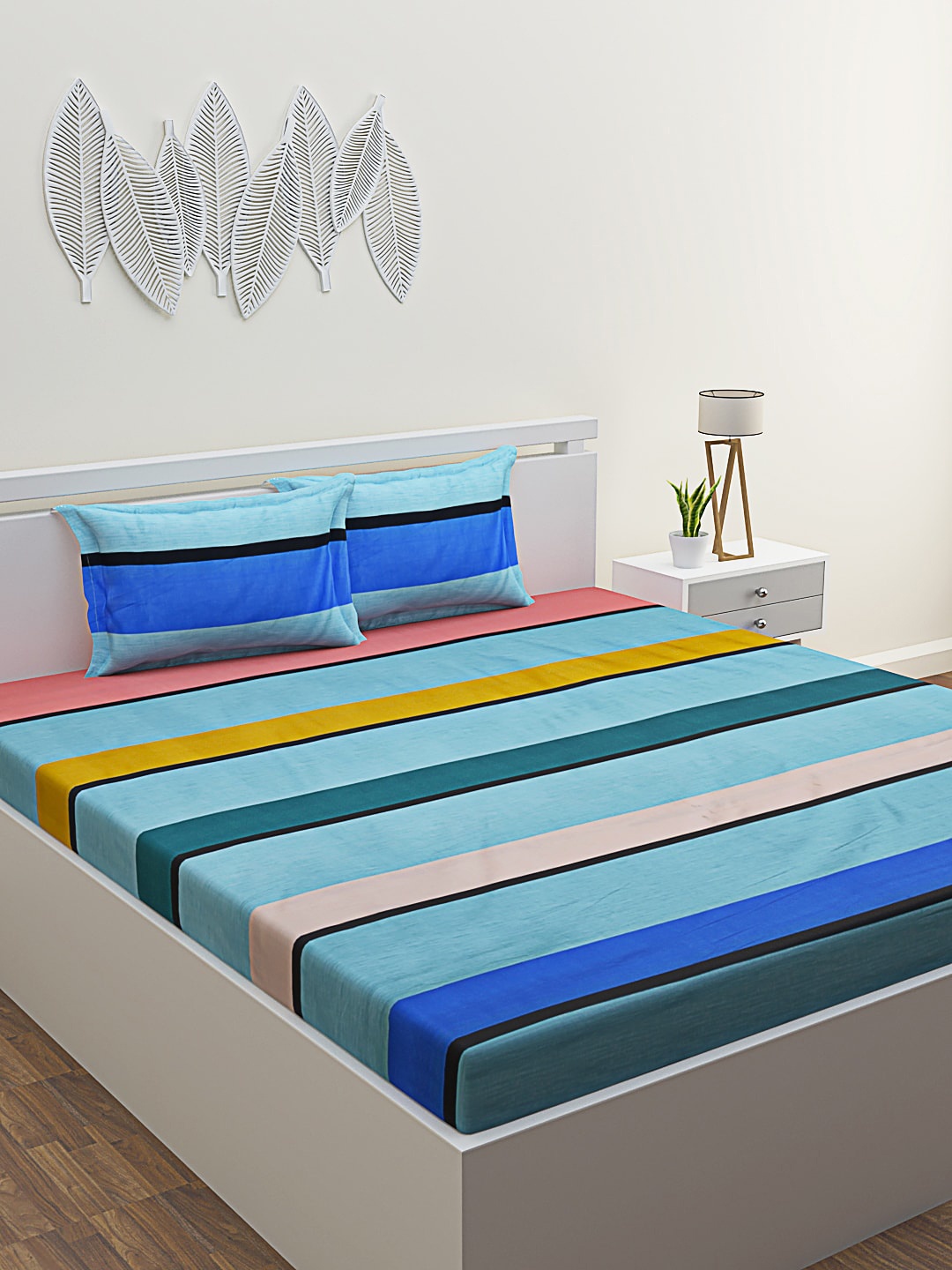 

ROMEE Striped 186 TC Microfiber Queen Bedsheet with 2 Pillow Covers, Turquoise blue