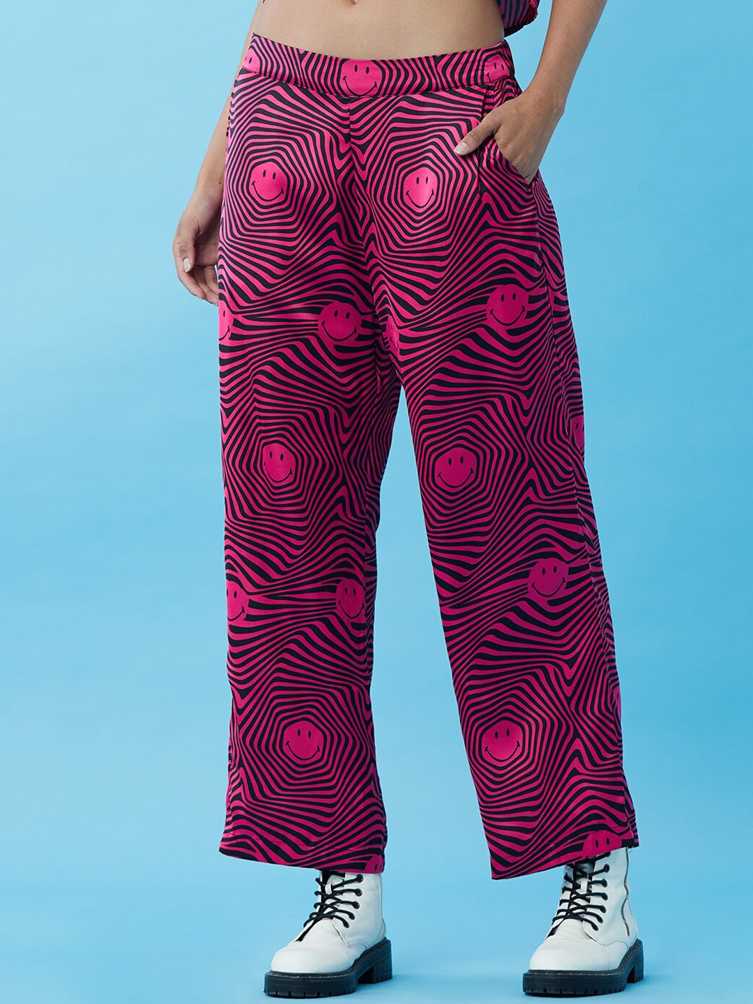 

ONLY X Smiley Collection Women Pink Printed Loose Fit High-Rise Trousers