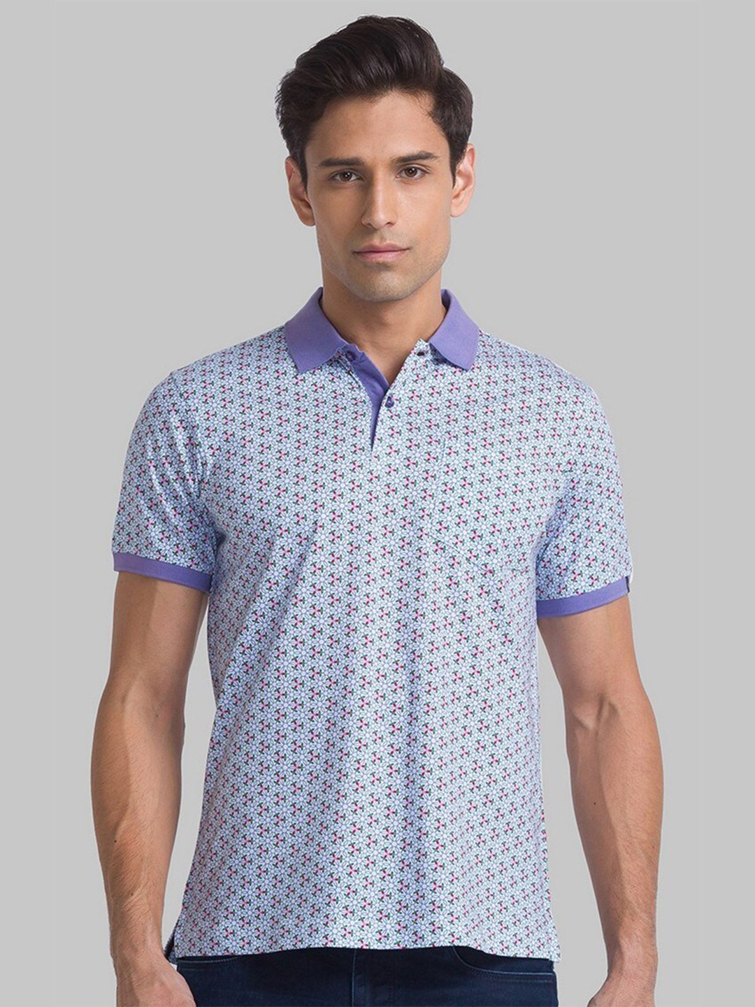

Raymond Men Blue Floral Printed Polo Collar Organic Cotton T-shirt