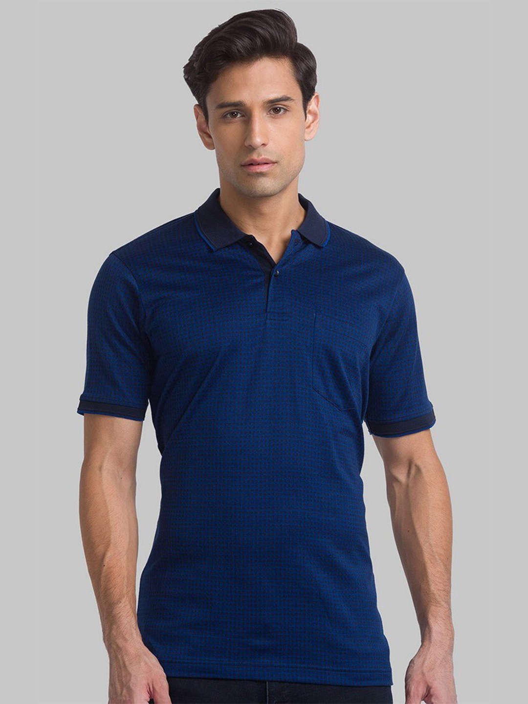 

Raymond Men Blue Self Design Polo Collar Organic Cotton T-shirt