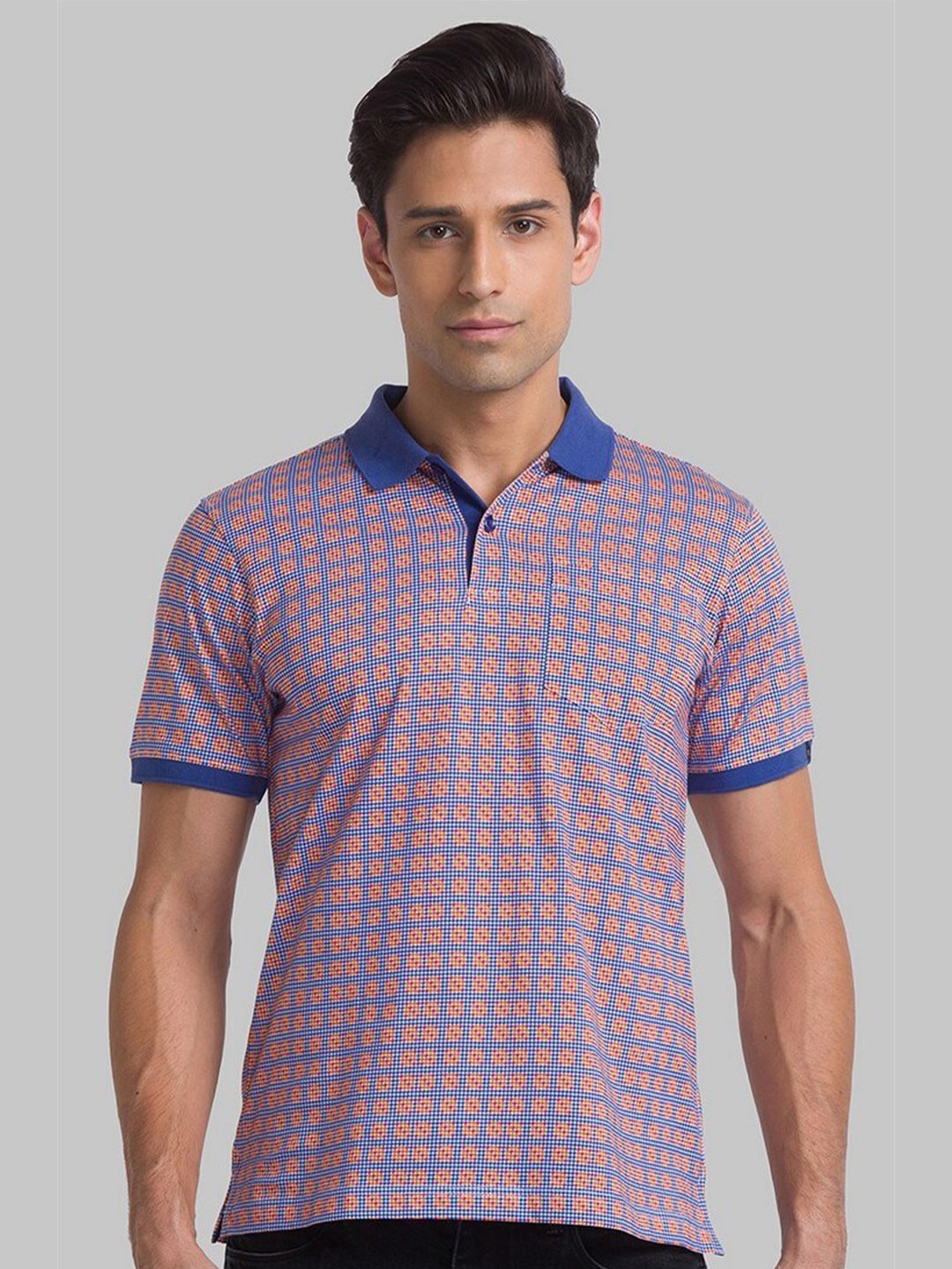 Raymond Men Red & Blue Printed Polo Collar Organic Cotton T-shirt
