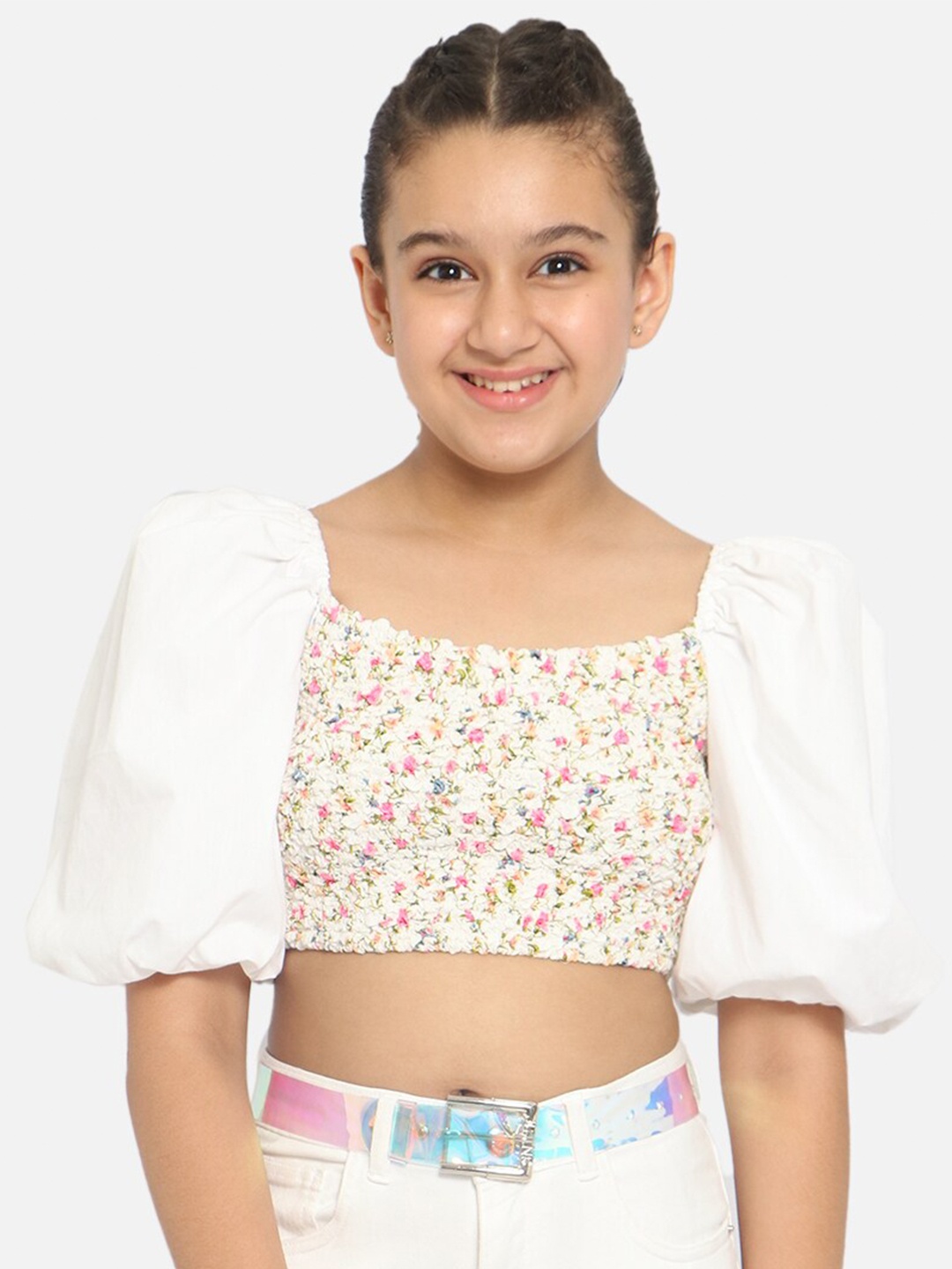 

Natilene White & Pink Floral Print Crepe Crop Top