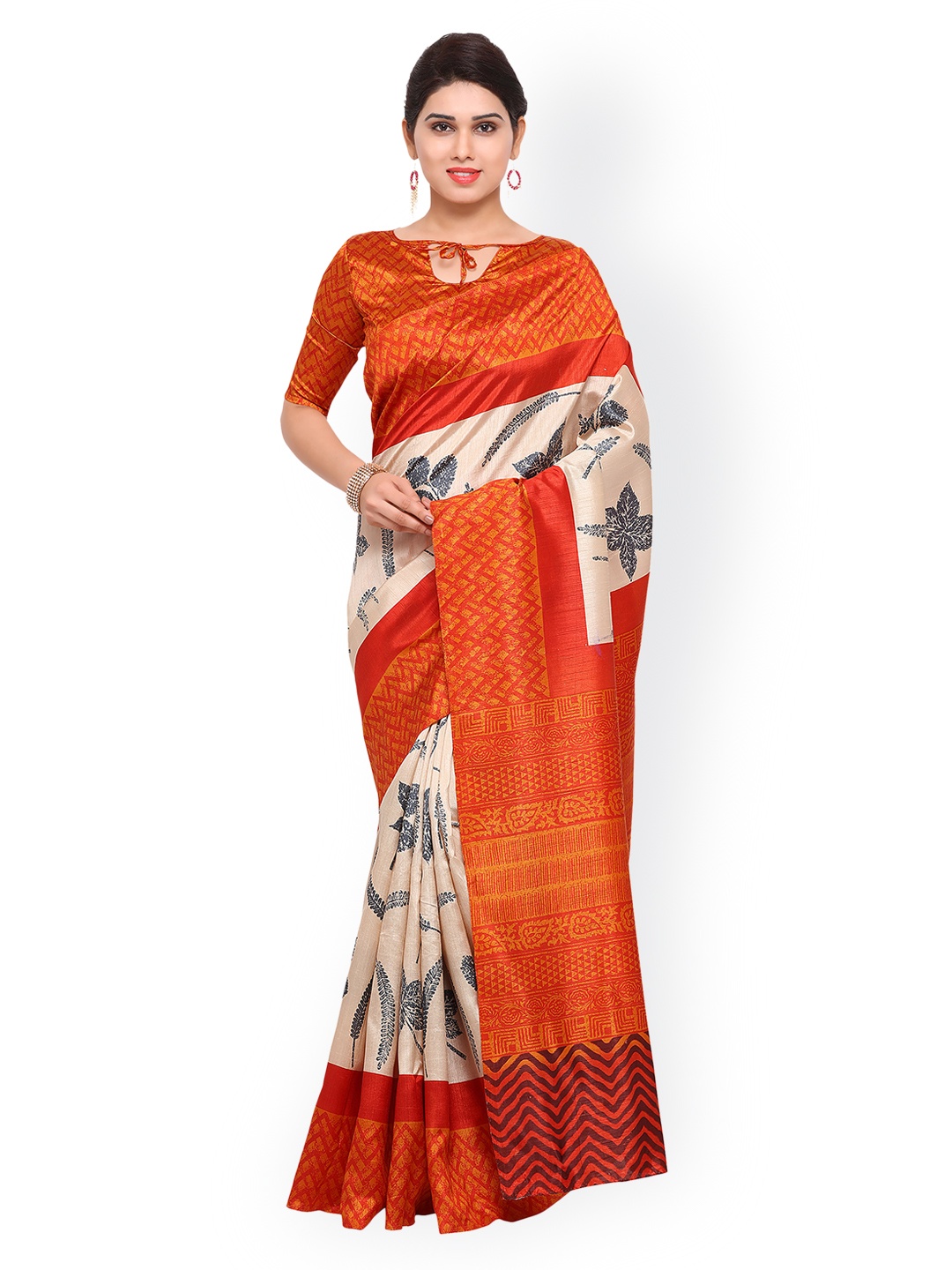 

Saree mall Beige & Orange Art Silk Printed Bhagalpuri Saree