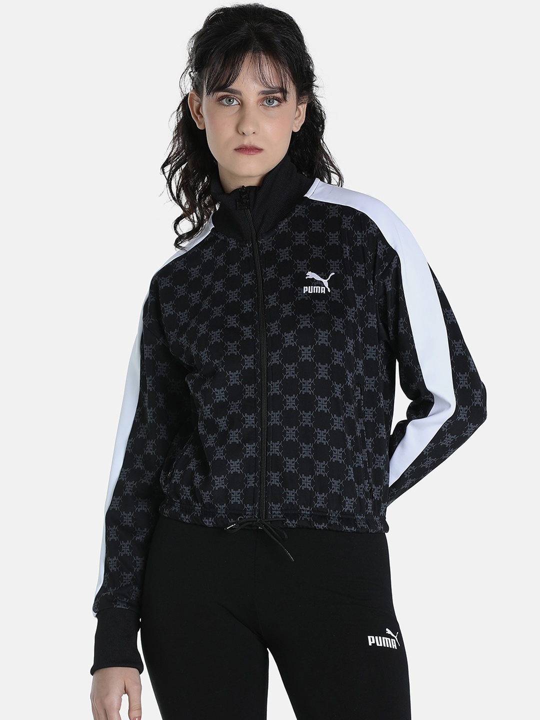 

Puma Women Black T7 Printed White Outdoor Relaxed Fit Sporty Jacket