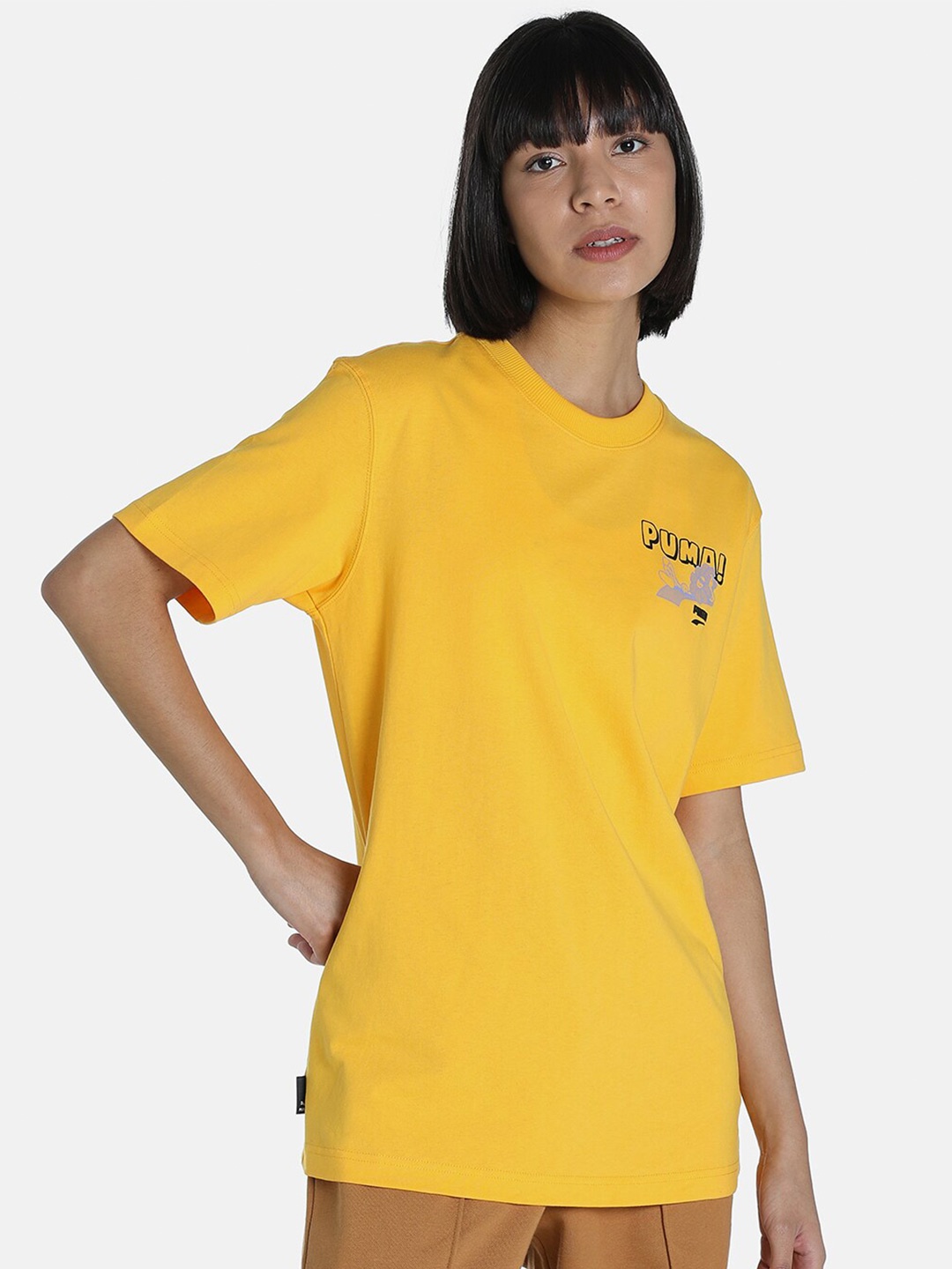 

Puma Women Yellow Downtown Relaxed Fit Graphic T-shirt
