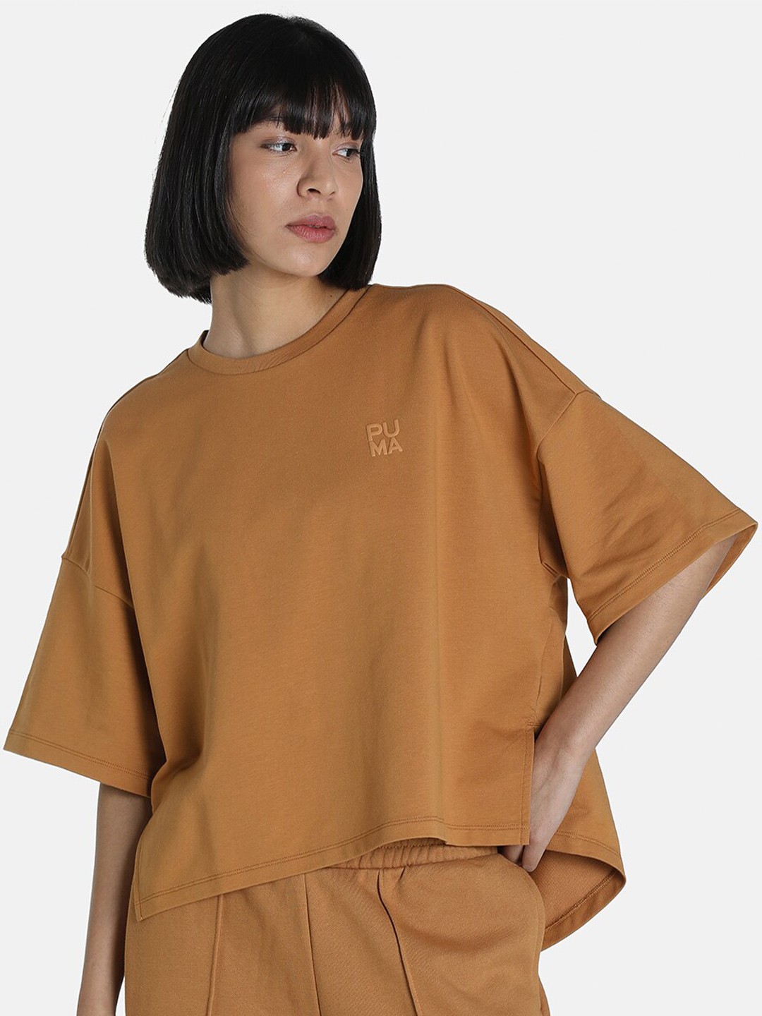 

Puma Women Brown Infuse Relaxed Typography Drop-Shoulder Sleeves Applique T-shirt