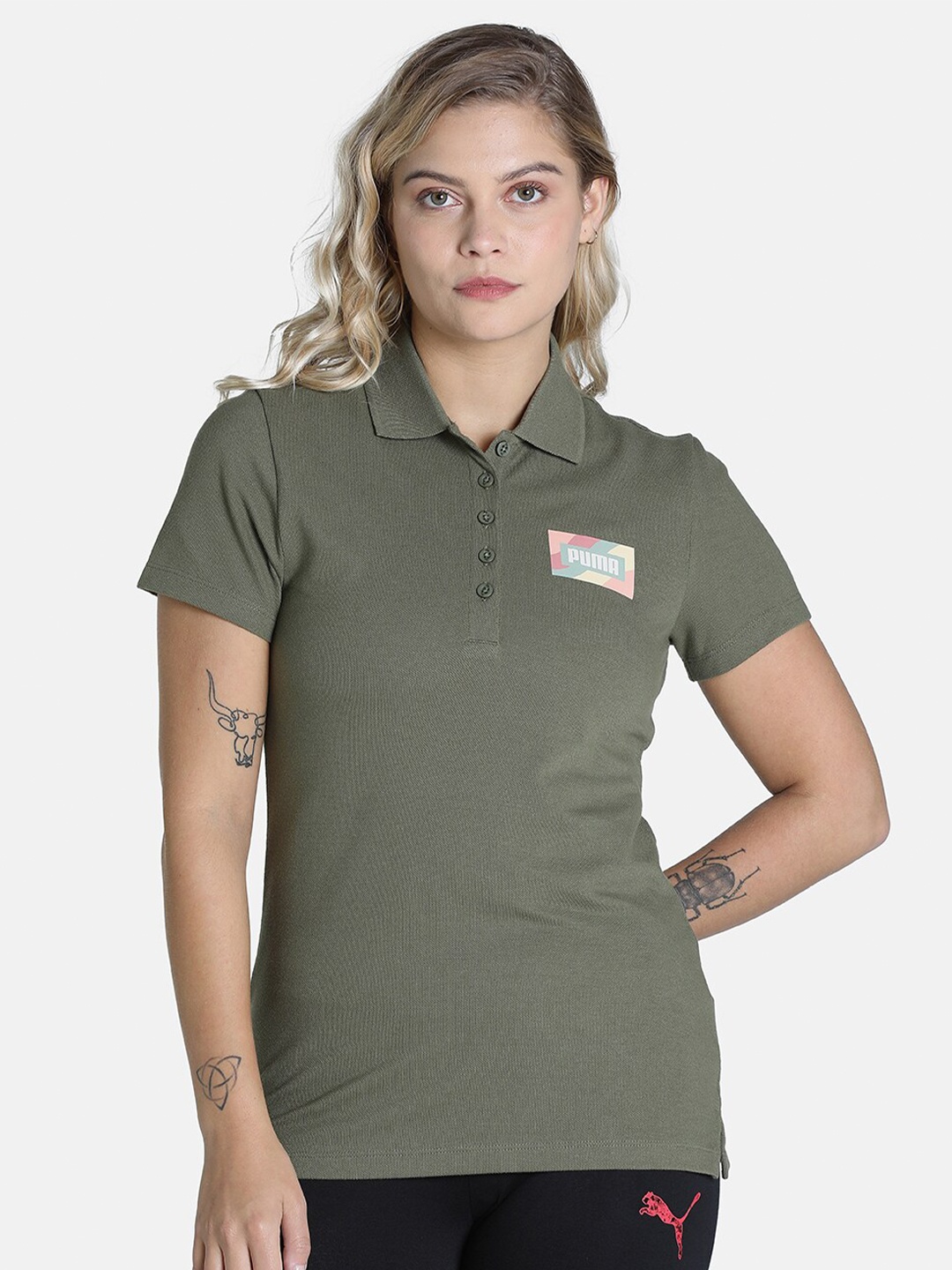 

Puma Women Green Wavy Box Graphic T-shirt