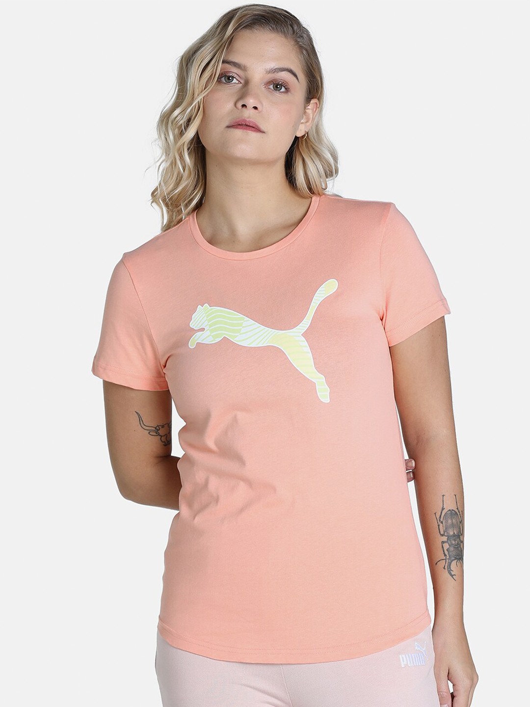 

Puma Women Peach-Coloured & Fluorescent Green Patterned Graphic Brand Logo Printed T-shirt