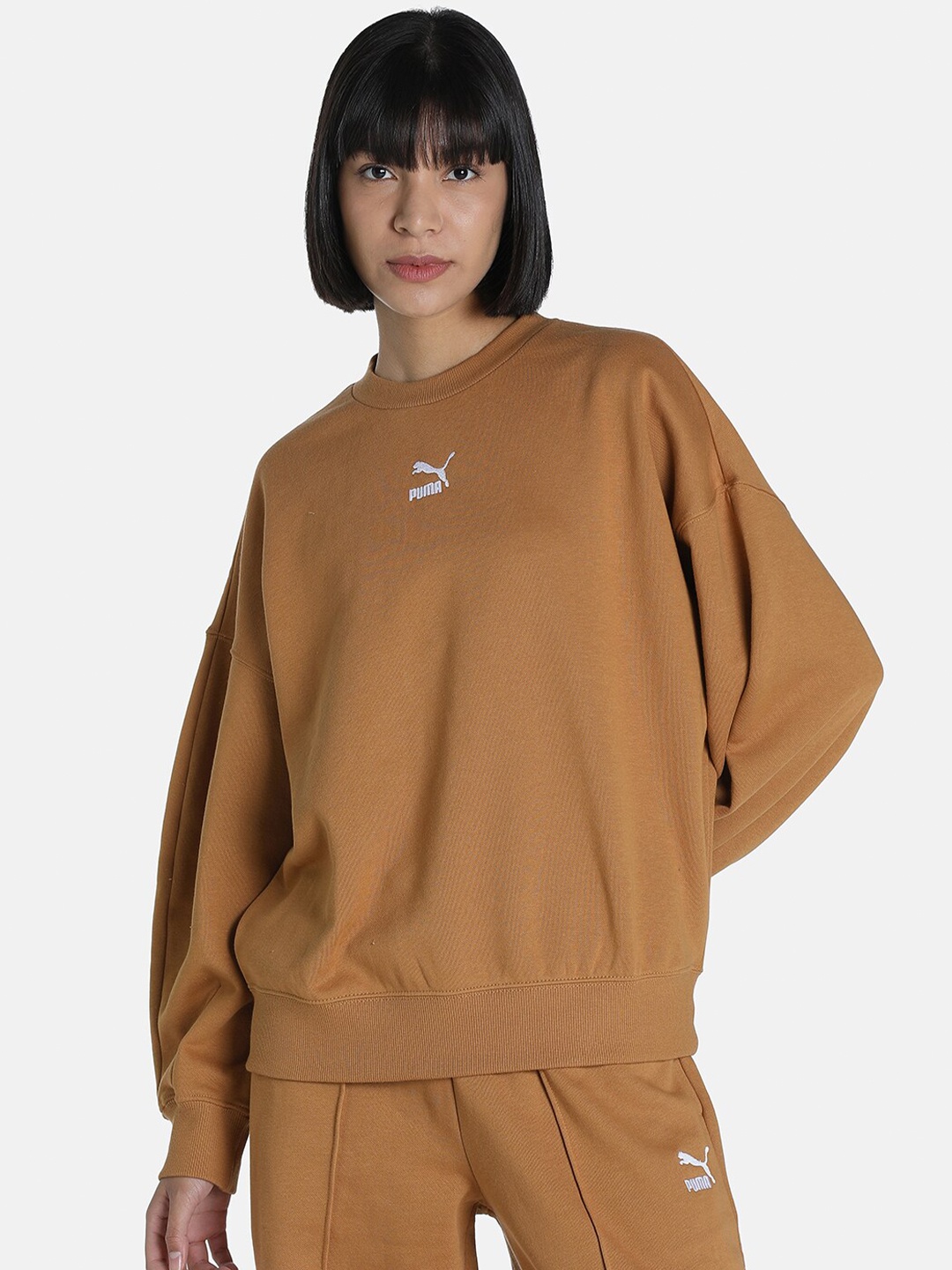 Puma Women Brown Solid Cotton Classics Oversized Crewneck Sweatshirt