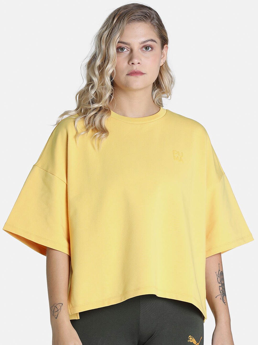 

Puma Women Mustard Solid Extended Sleeves Relaxed Fit Cotton T-shirt
