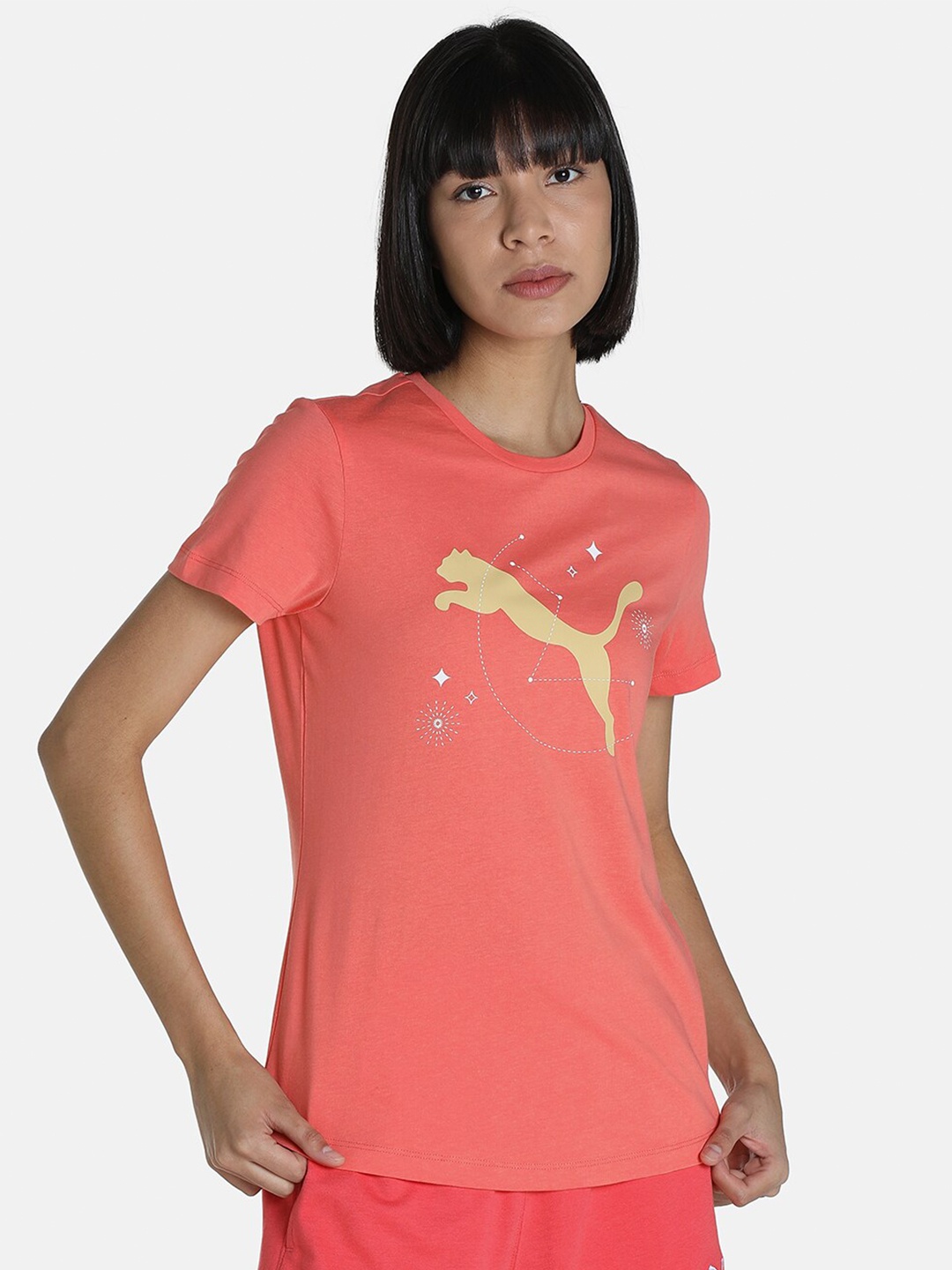 

Puma Women Pink Abstract Graphic Brand Logo Printed Regular Fit T-shirt