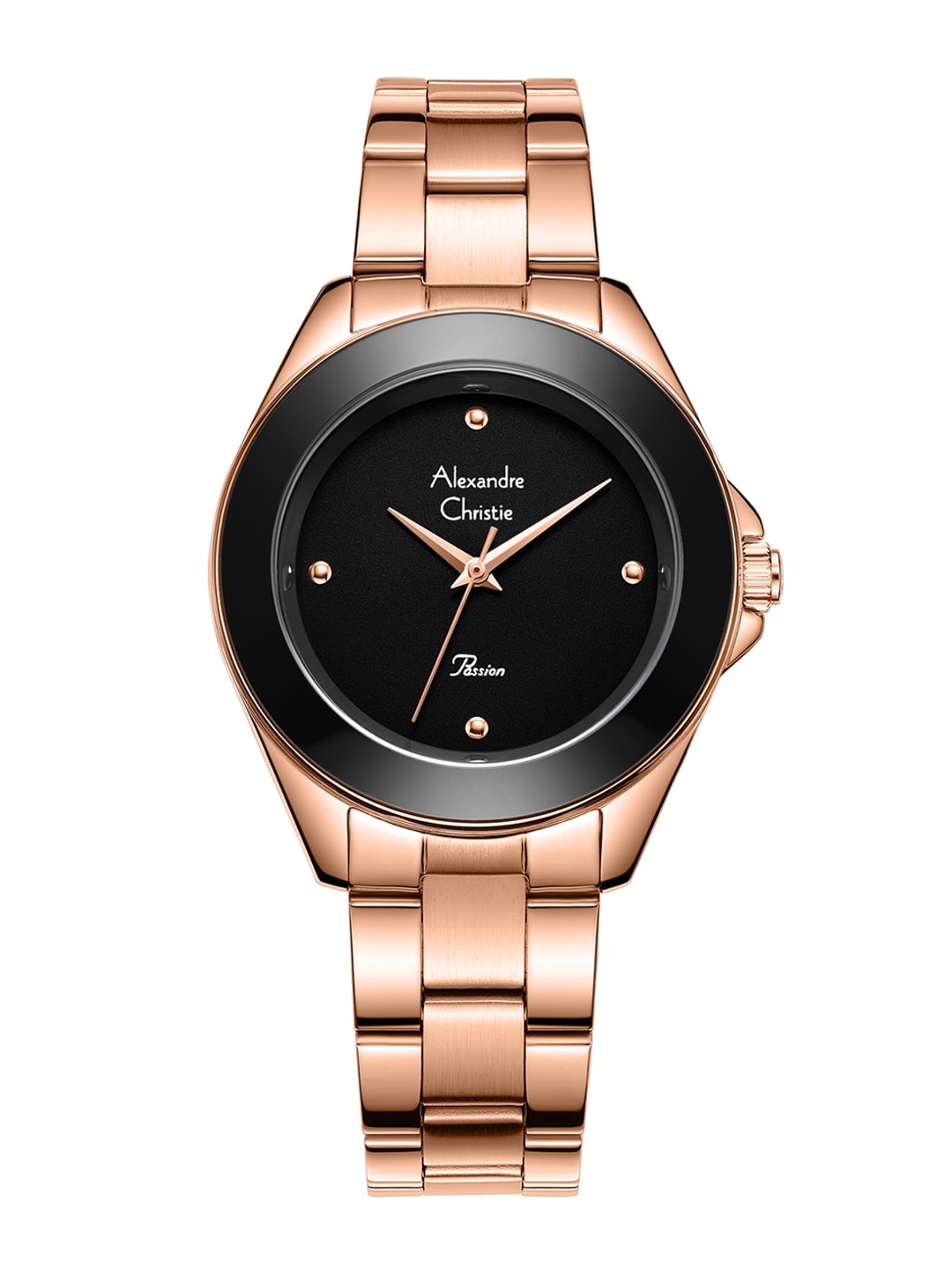 

Alexandre Christie Women Black Dial & Rose Gold Toned Stainless Steel Bracelet Style Straps Analogue Watch