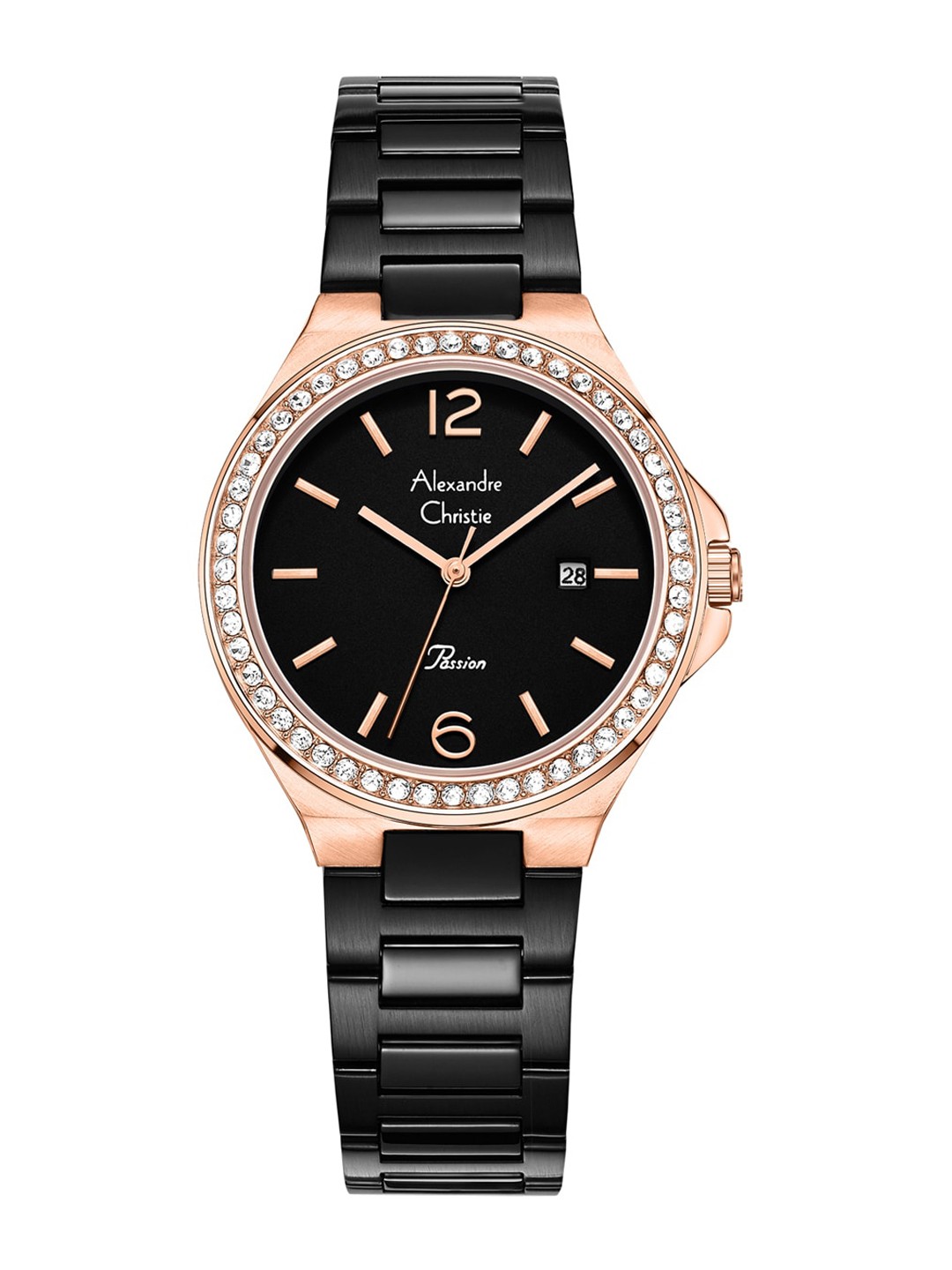 

Alexandre Christie Women Black Embellished Dial & Black Stainless Steel Bracelet Style Straps Analogue Watch
