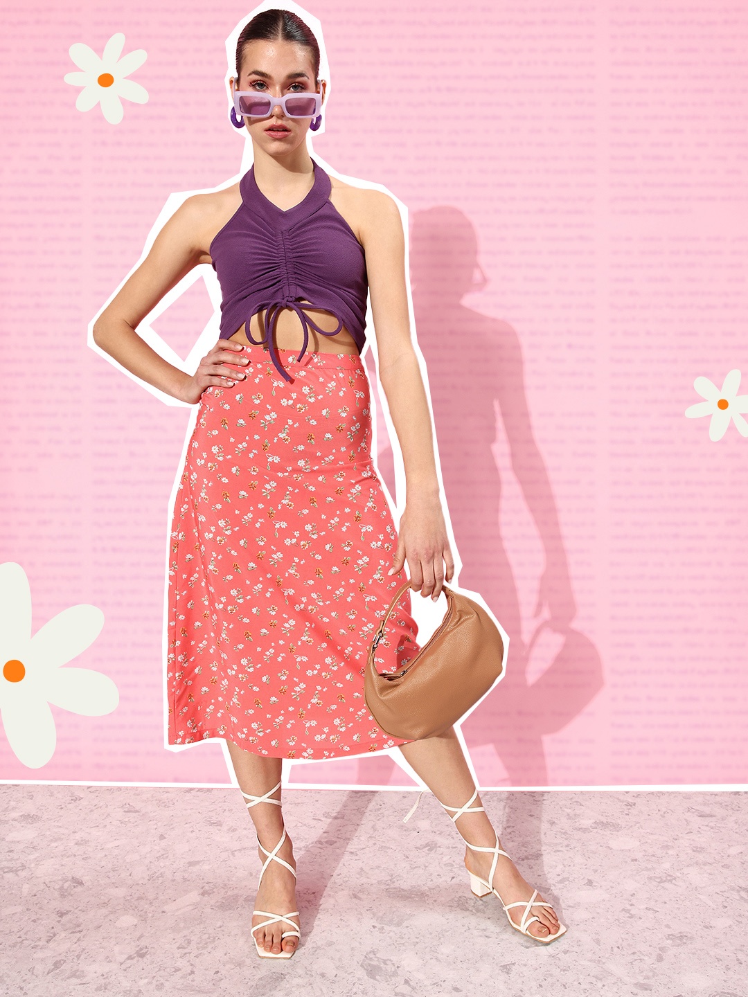 

Mast & Harbour Floral Printed A-Line Midi Skirt, Coral