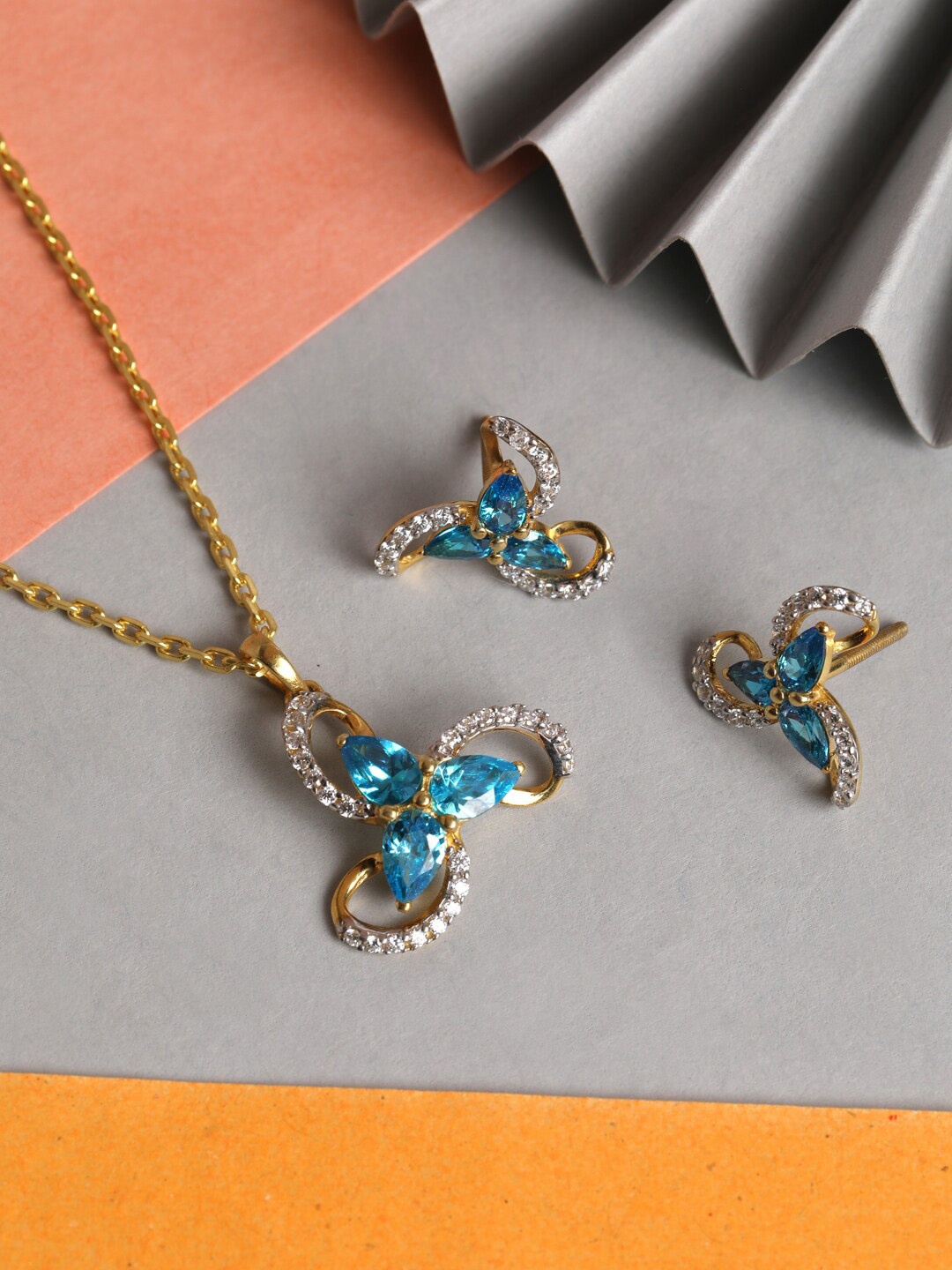 

Clara 925 Sterling Silver Gold-Plated White & Blue CZ Studded Jewellery Set