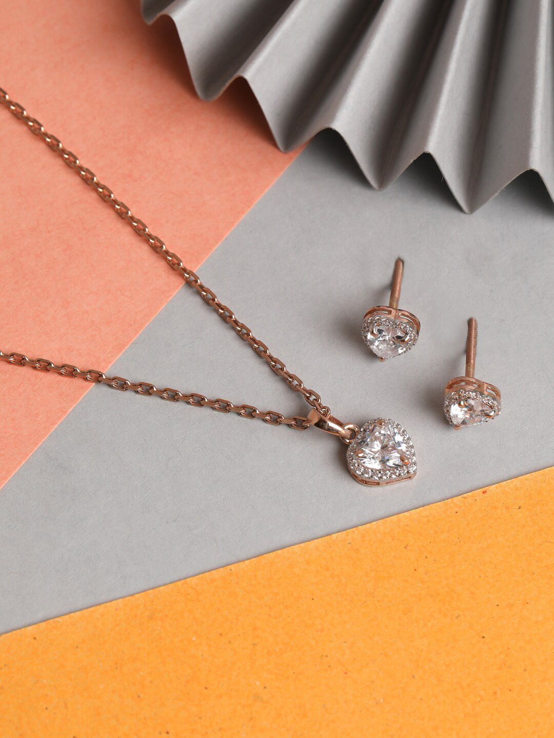 

Clara 925 Sterling Silver Rose Gold-Plated White CZ Studded Heart Shaped Jewellery Set