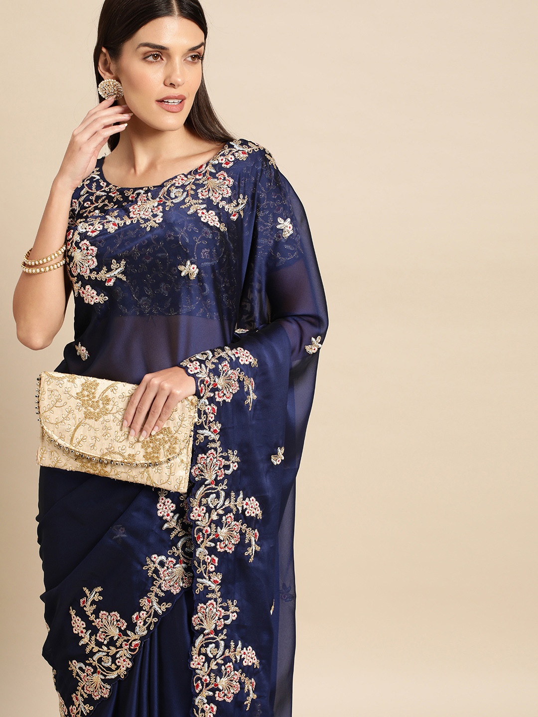

Vaidehi Fashion Floral Silk Blend Saree, Navy blue