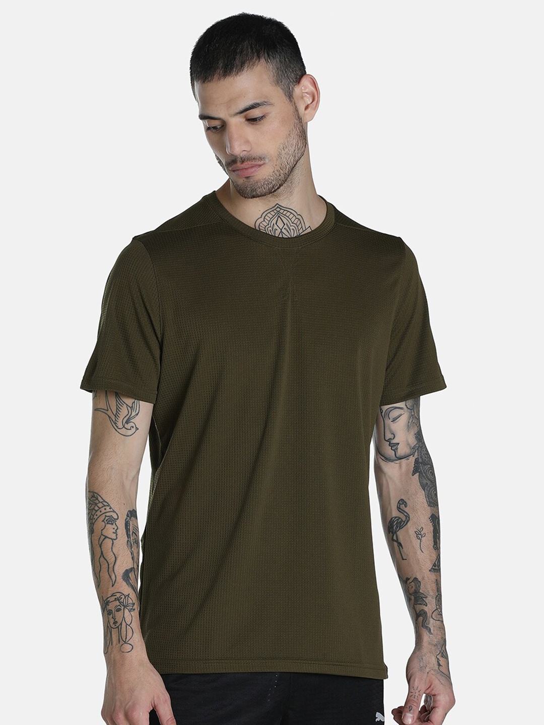 

Puma Men Olive Green Solid STUDIO Waffle Training T-shirt