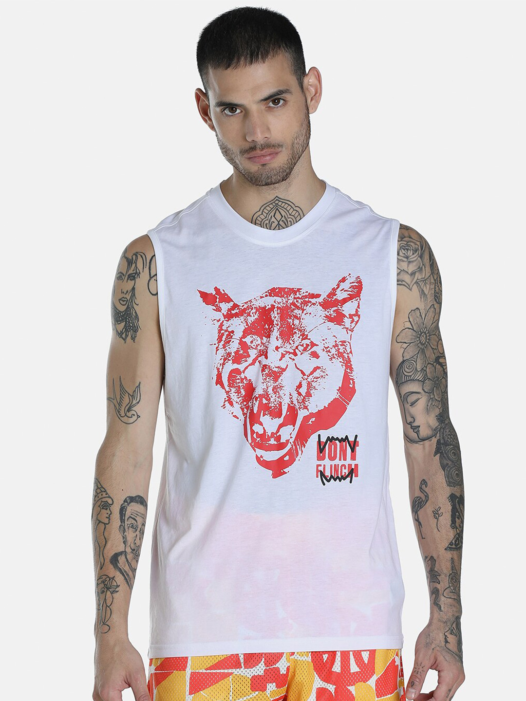 

Puma Men White & Red Fast Break Basketball Printed Tank Top T-shirt